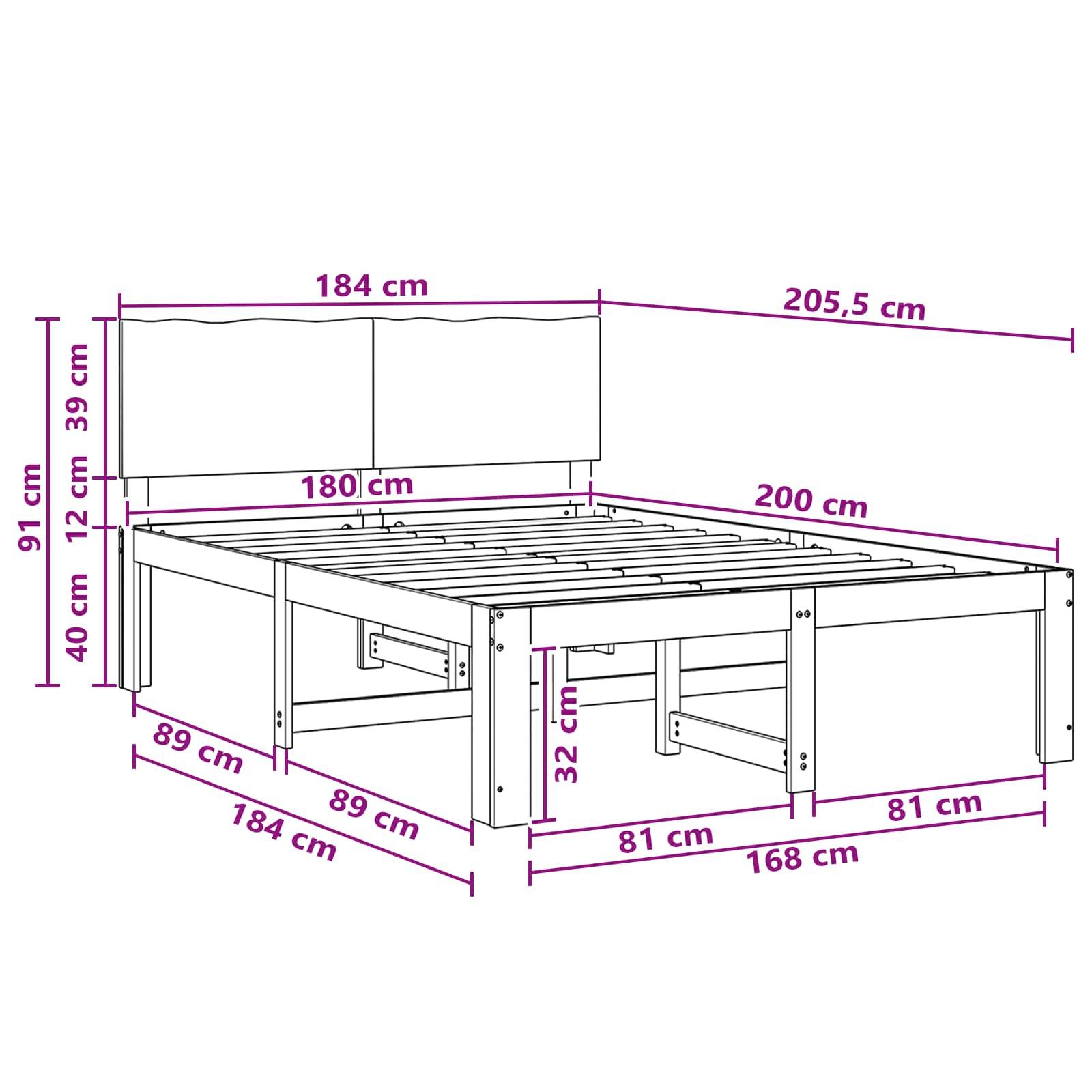 Maßstabgerechte Zeichnung eines Bettgestells mit Kopfteil, das die Gesamtgröße von 205,5 x 184 cm und den Matratzenbereich von 200 x 180 cm zeigt, mit beschrifteten Höhen- und Stützmaßen.