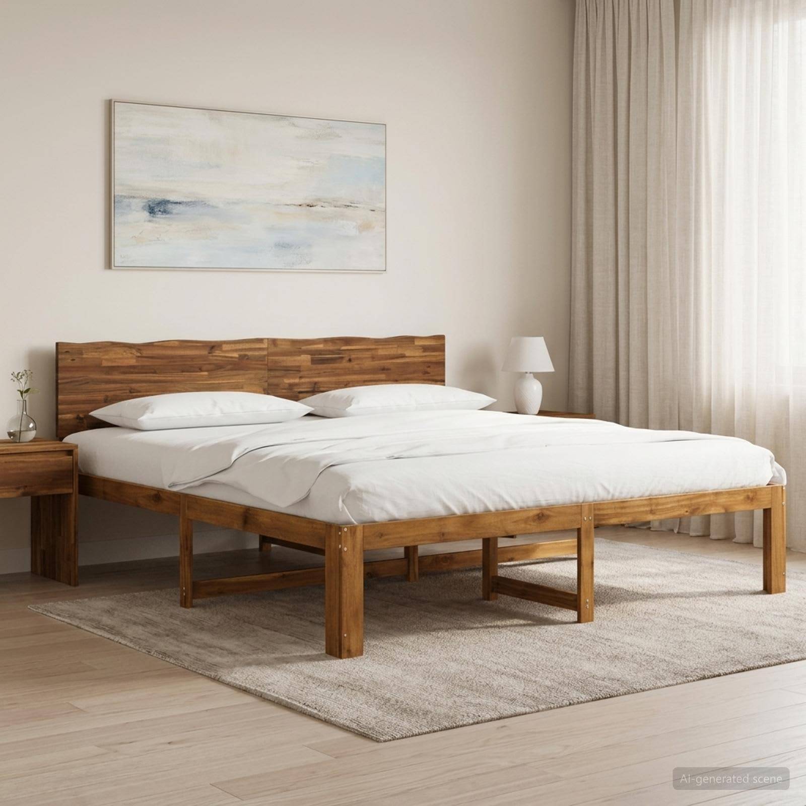 Minimalistisches Schlafzimmer mit einem hölzernen Doppelbett, weißer Bettwäsche, Nachttisch, Lampe, abstrakter Wandkunst und transparenten Vorhängen.