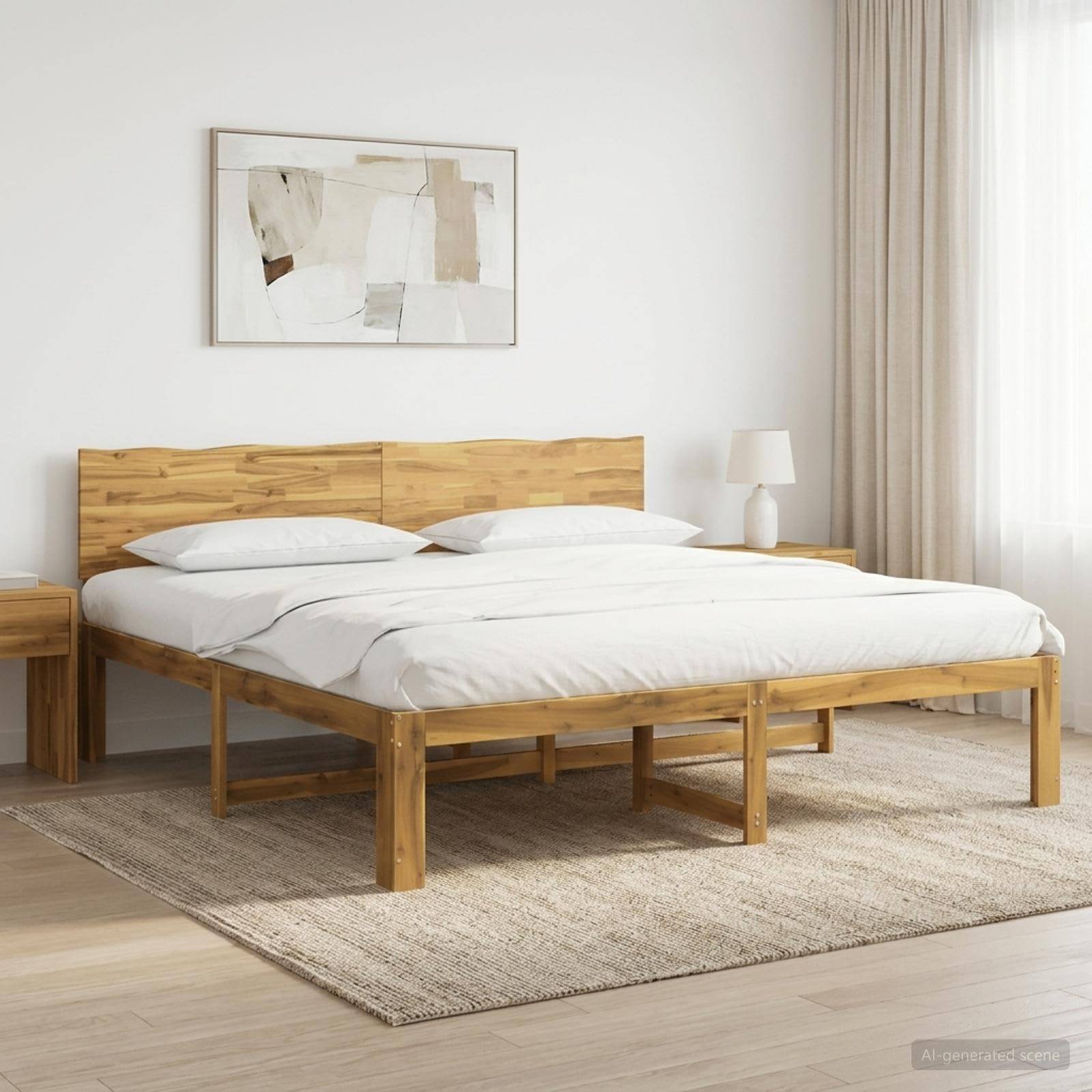 Minimales Schlafzimmer mit einem Holzbett, weißer Bettwäsche, Nachttisch, Lampe, abstrakter Wandkunst und großen Vorhängen über einem neutralen Teppich.