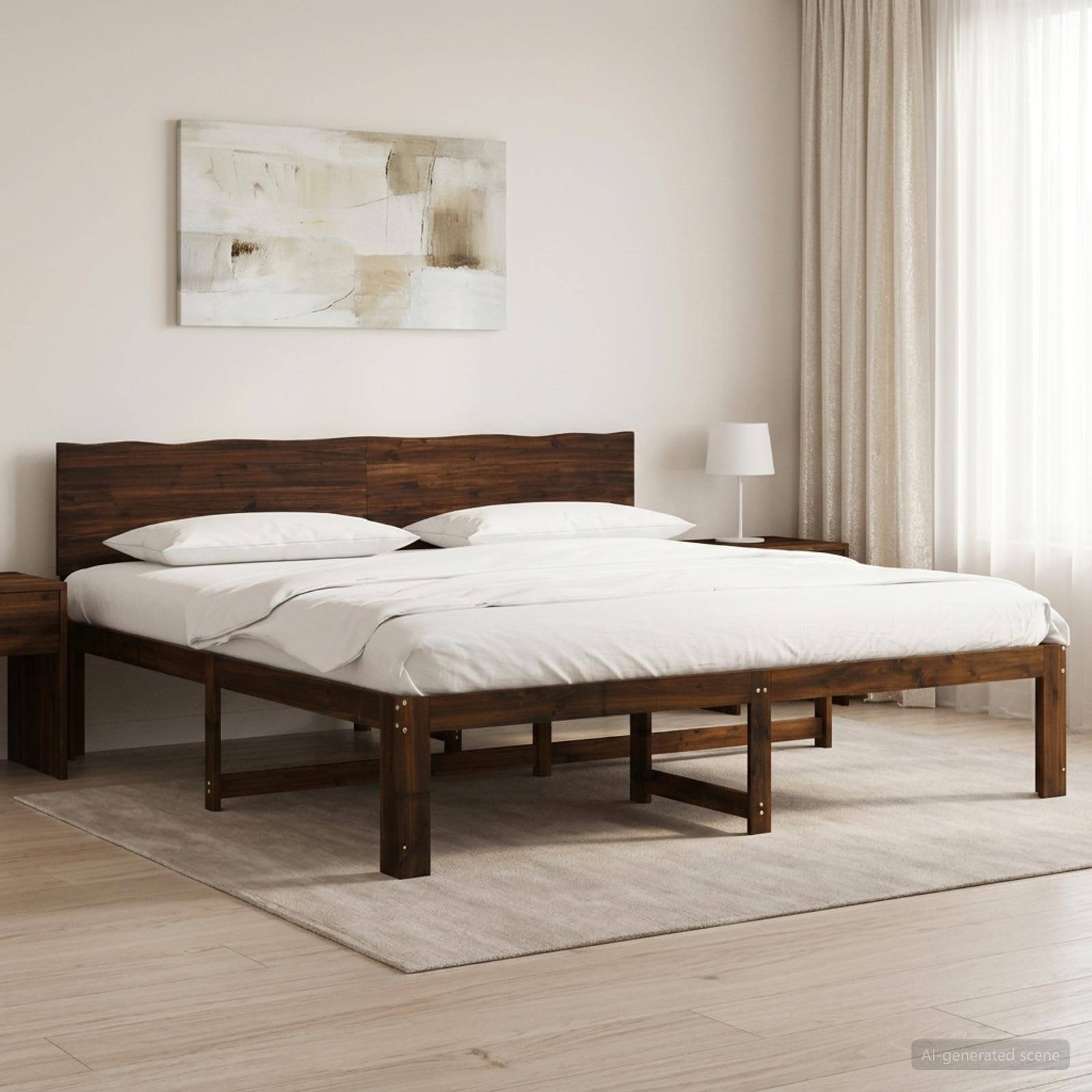 Modernes Schlafzimmer mit einem Holzbett, weißer Bettwäsche, Nachttischlampe, abstrakter Wandkunst und transparenten Vorhängen in einem hellen minimalistischen Raum.