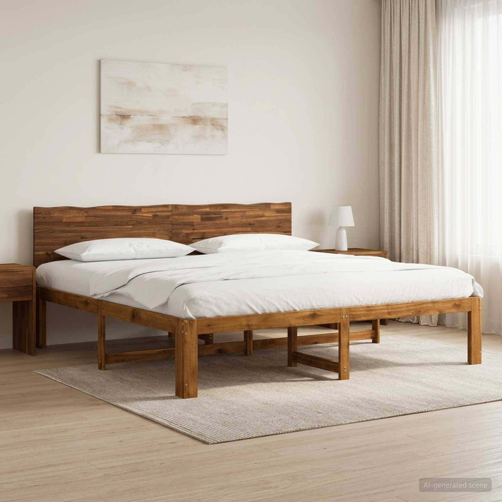 Modernes Schlafzimmer mit Holzbettrahmen, weißer Bettwäsche, Nachttisch, Teppich und transparenten Vorhängen in minimalistischer Umgebung.