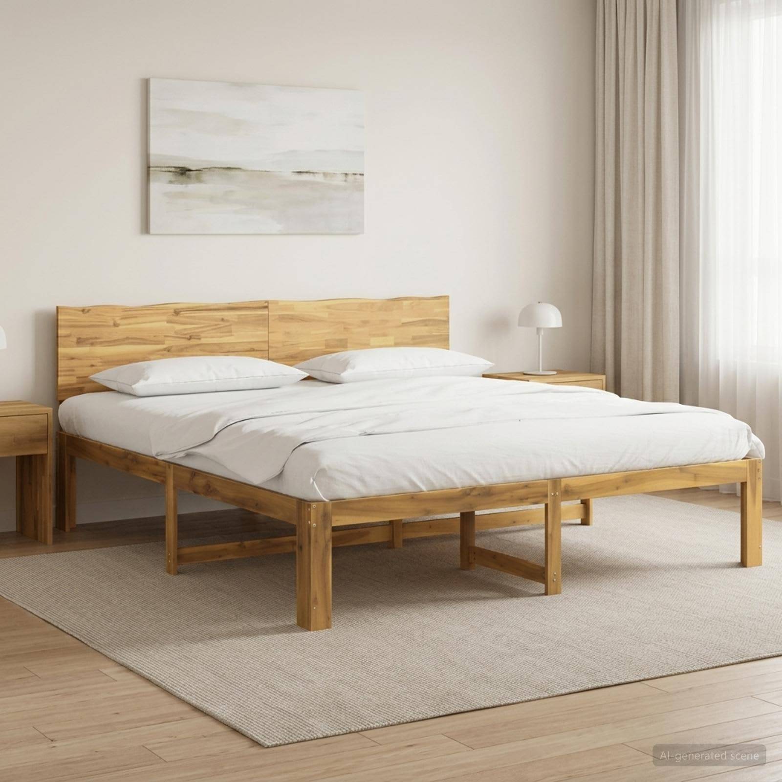 Minimalistisches Schlafzimmer mit einem Holzbett, weißer Bettwäsche, Nachttischen, einer Lampe und abstrakter Wandkunst auf einem hellen Teppich.