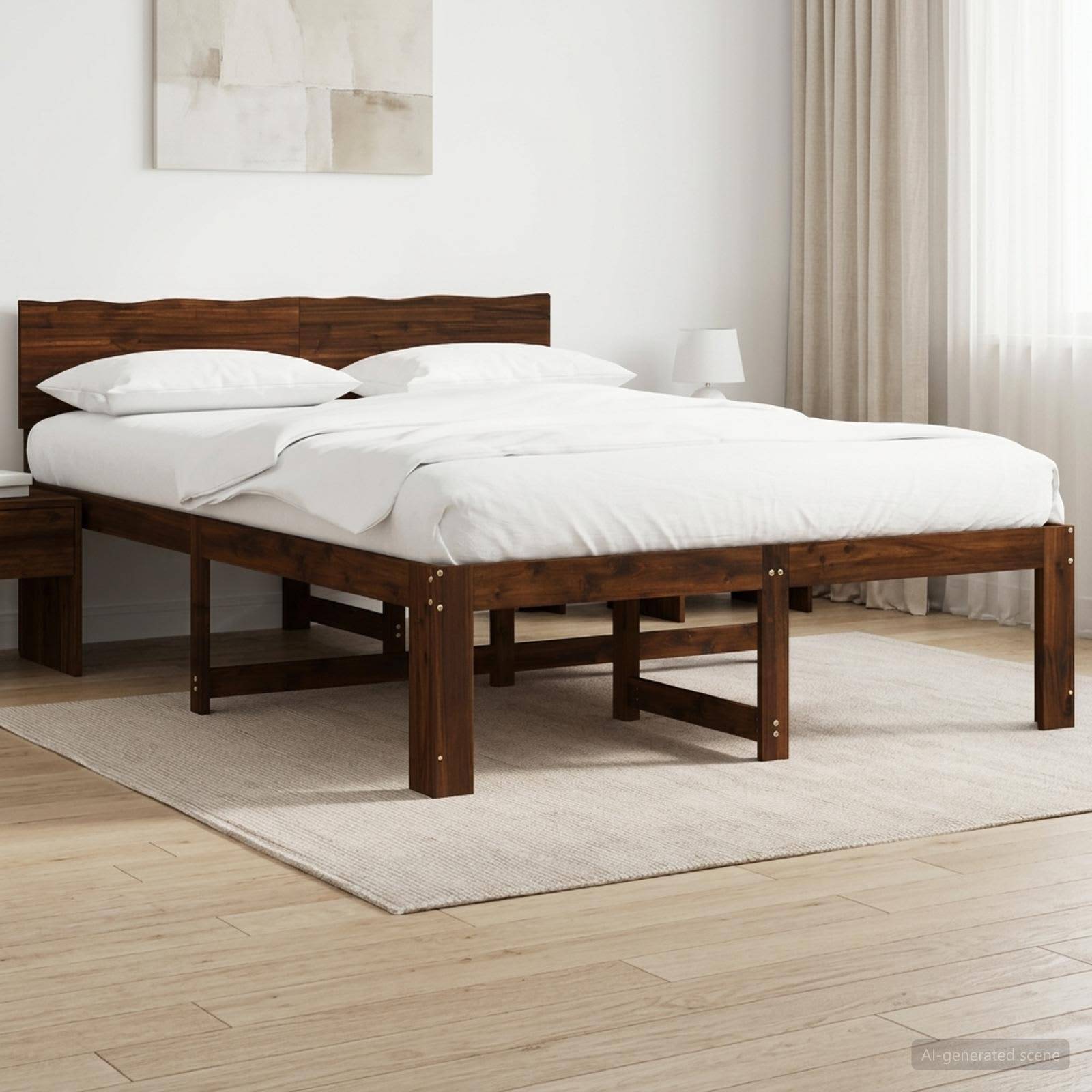 Holzrahmen-Bettgestell mit weißer Bettwäsche und Kissen in einem minimalistischen Schlafzimmer, dargestellt auf einem hellen Teppich neben einem Nachttisch und Vorhängen.