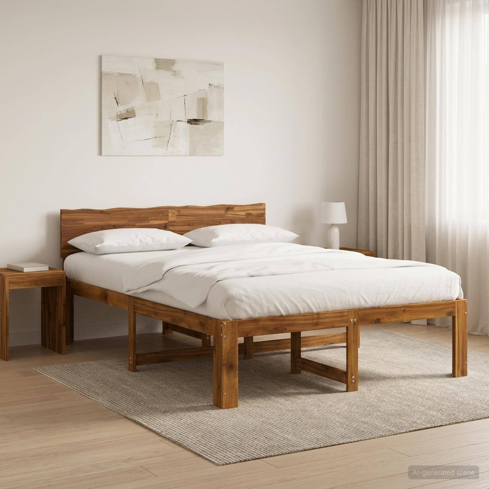 Minimales Schlafzimmer mit einem Holzbett, weißer Bettwäsche, Nachttisch, Lampe, abstrakter Wandkunst und durchsichtigen Gardinen an einem hellen Fenster.