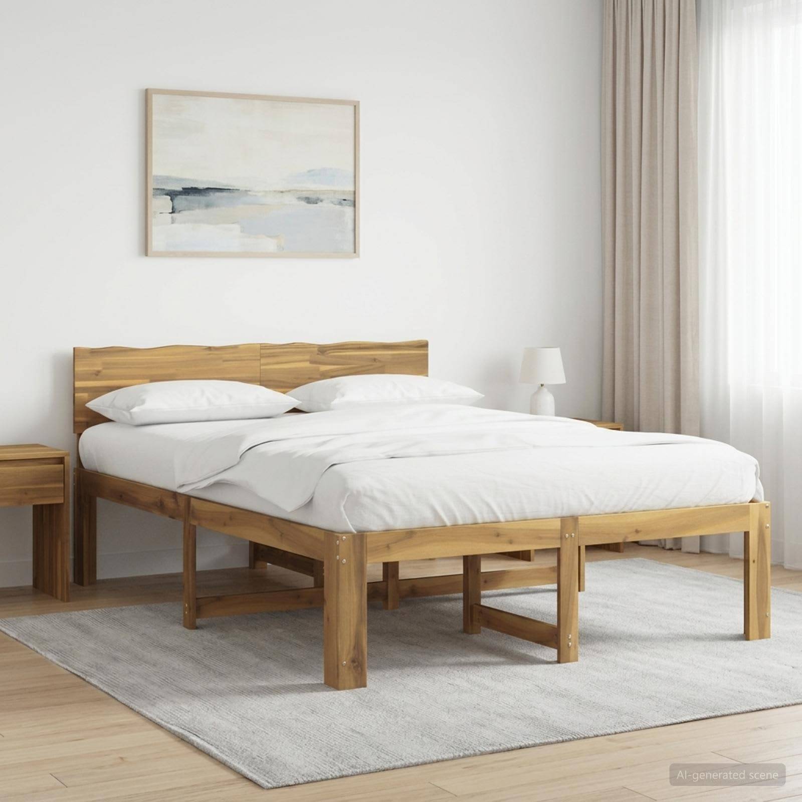 Minimalistisches Schlafzimmer mit Holzbett, weißer Bettwäsche, Nachttisch, Lampe, Teppich und gerahmtem Wandbild neben einem hellen Fenster.