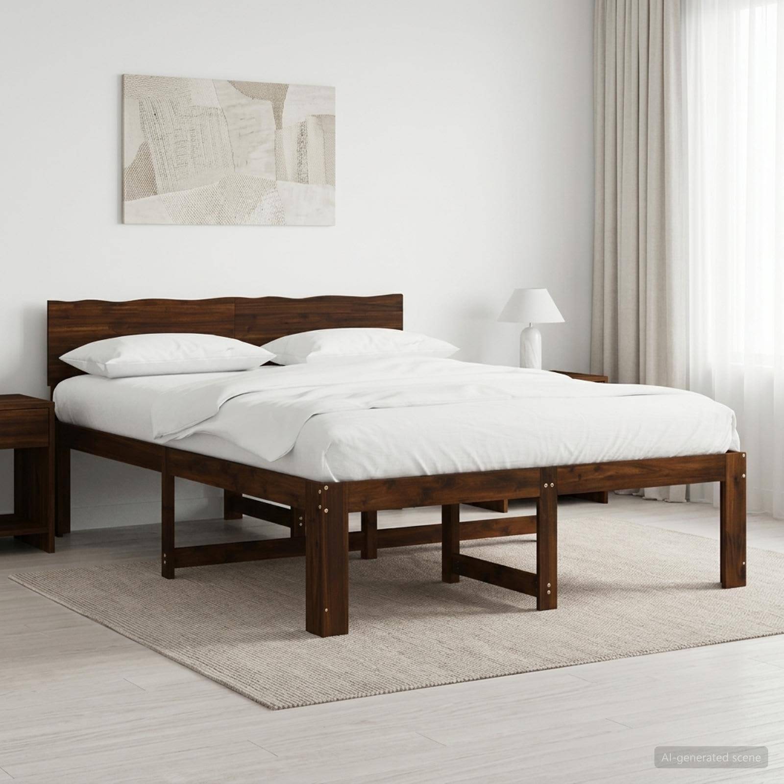 Ein ordentlich gemachtes Holzbett mit weißer Bettwäsche steht in einem hellen minimalistischen Schlafzimmer neben einem Nachttisch, einer Lampe, einem Teppich und Vorhängen.