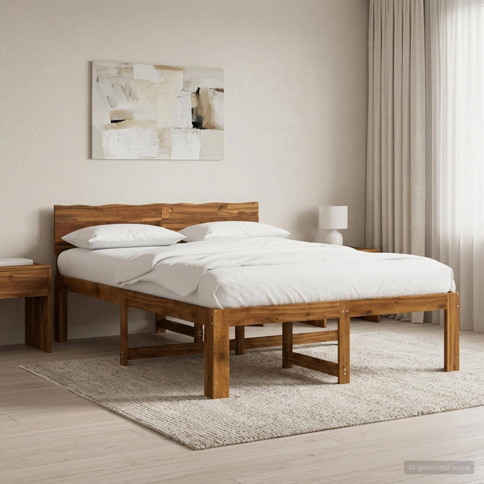 Ein minimalistisches Schlafzimmer mit einem Holzbett, weißer Bettwäsche, Nachttischen, einem Teppich, Wandkunst und raumhohen Vorhängen.