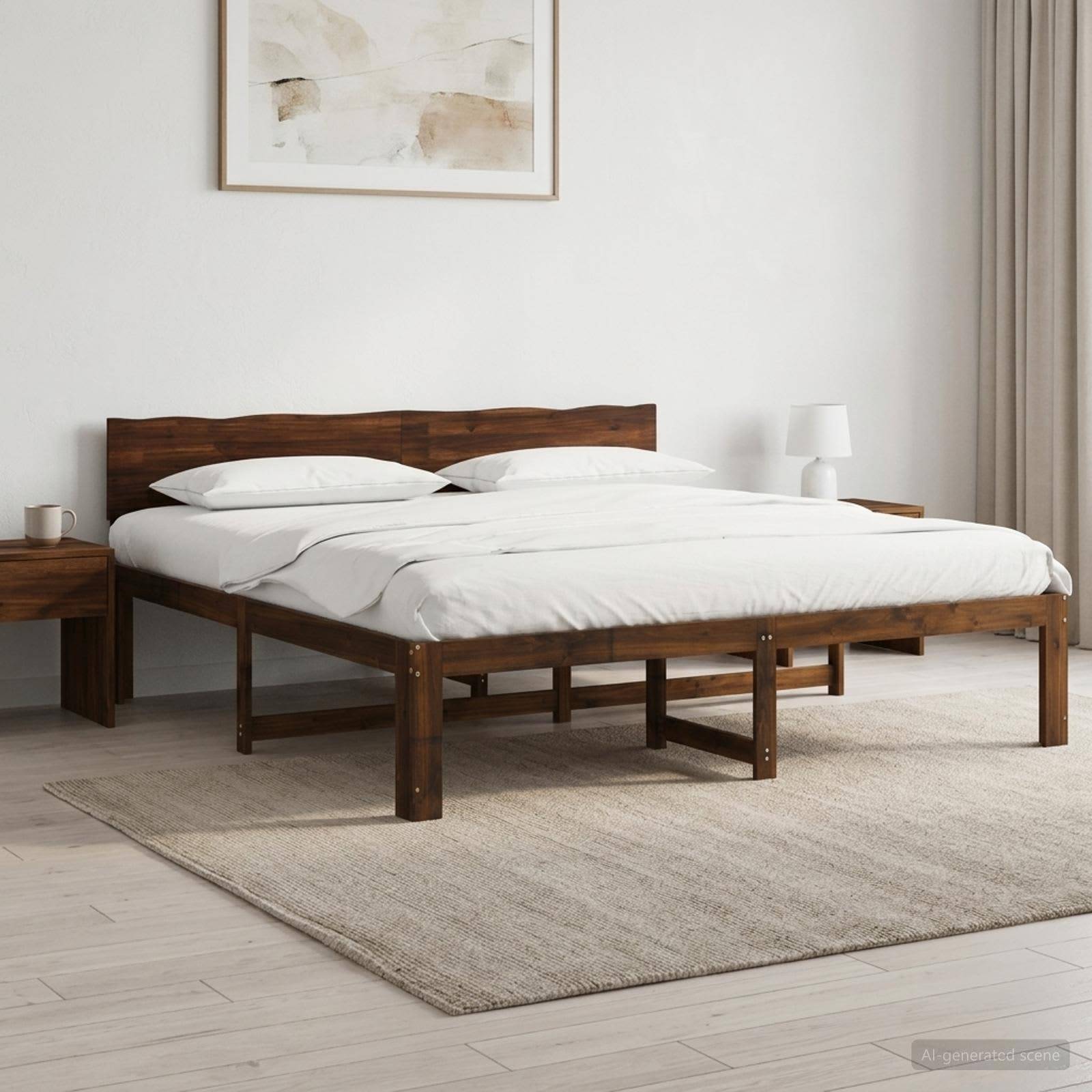 Minimalistisches Schlafzimmer mit einem Holzbett, weißer Bettwäsche, Nachttischen und einem gerahmten Wanddruck auf einem hellen Teppich.