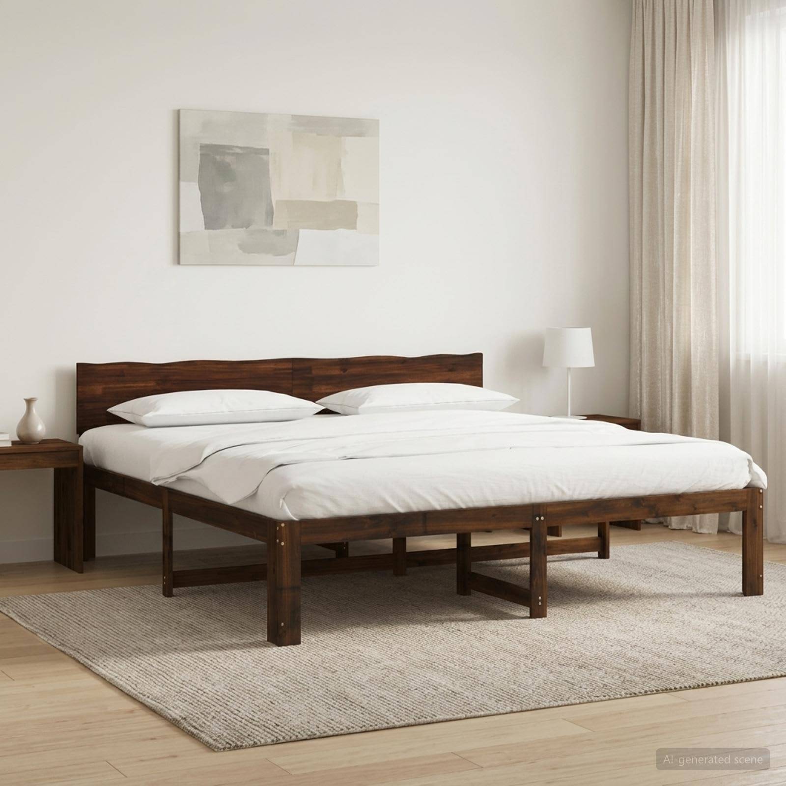 Minimalistisches Schlafzimmer mit einem Plattformbett aus dunklem Holz, das mit weißer Bettwäsche bezogen ist, einem Teppich, Nachttisch, Lampe und abstrakter Wandkunst.