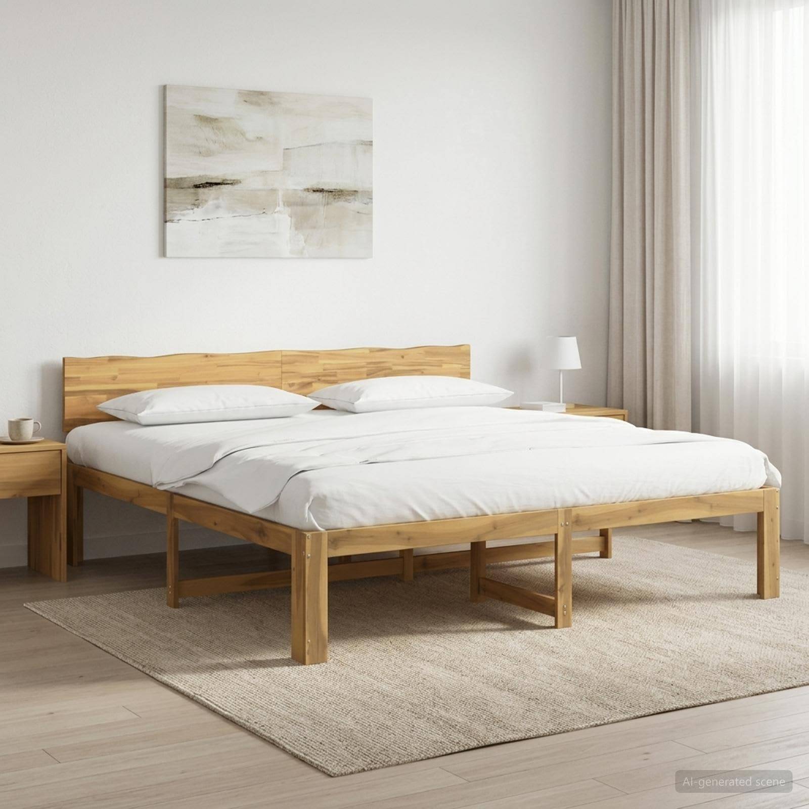 Modernes Schlafzimmer mit einem Holzbett bezogen mit weißer Bettwäsche, daneben ein Nachttisch, auf einem beigefarbenen Teppich unter abstrakter Wandkunst und transparenten Vorhängen.