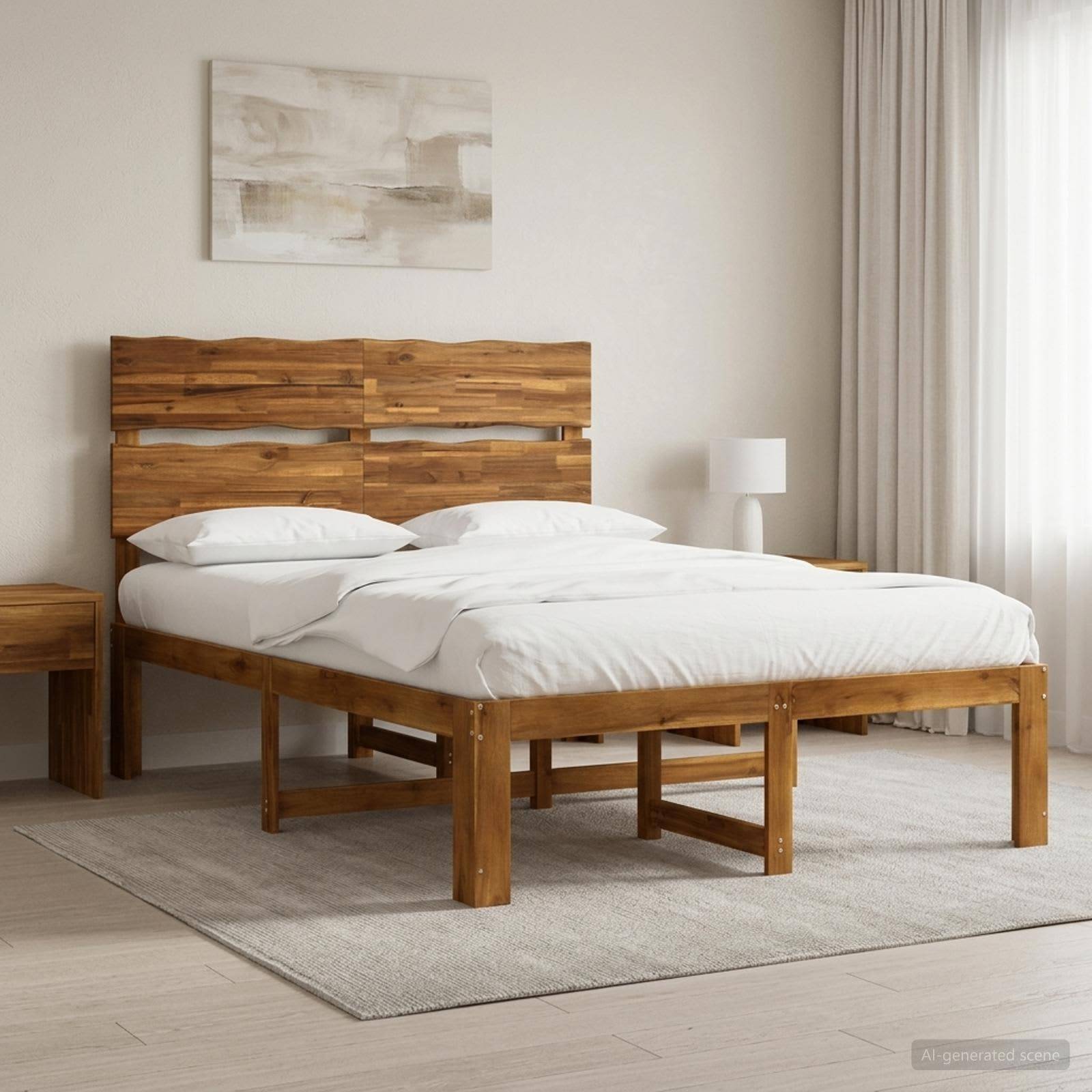 Modernes Schlafzimmer mit einem Holzbett, weißer Bettwäsche, Nachttischen, Lampe, Teppich und durchscheinenden Gardinen an einem hellen Fenster.