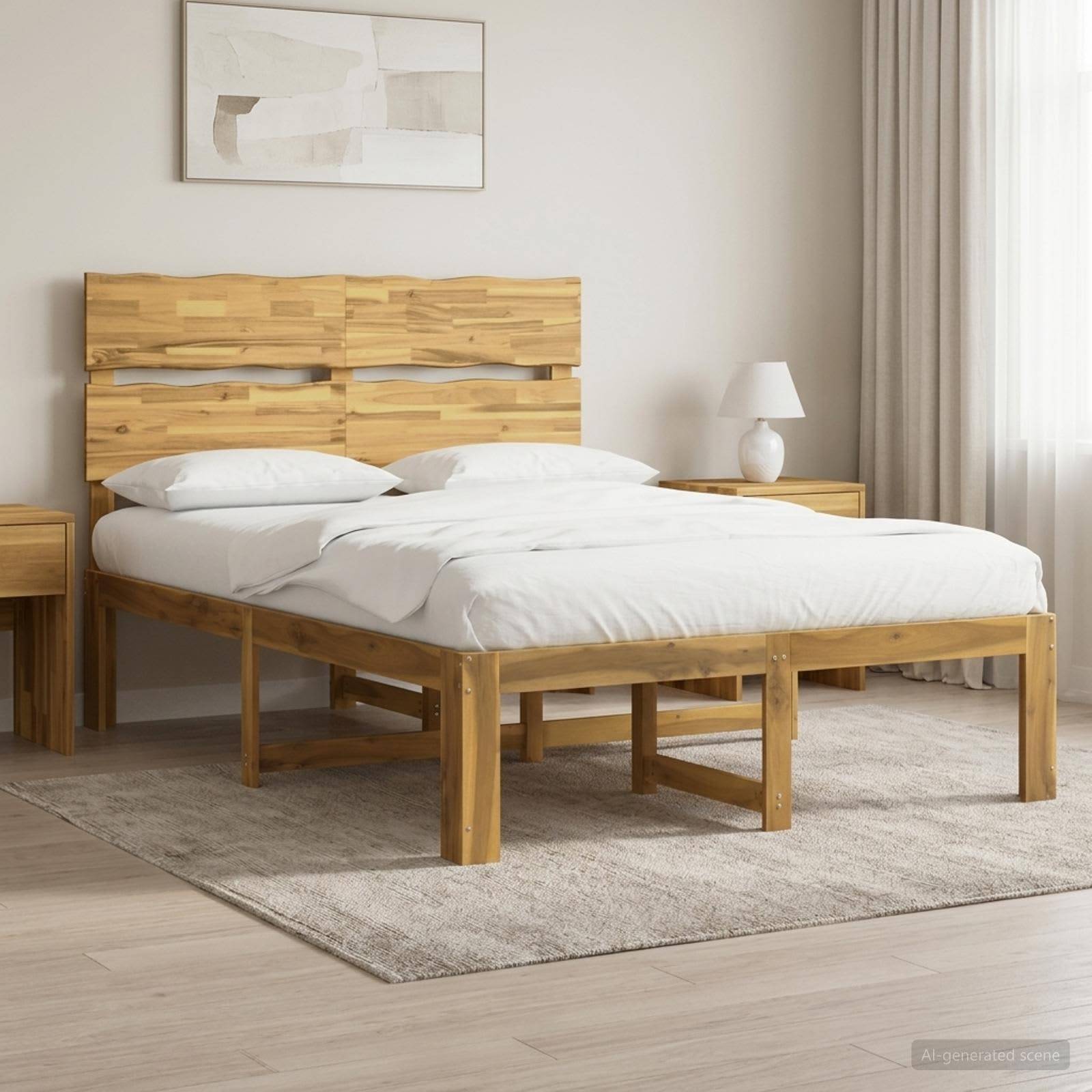 Ein minimalistisches Schlafzimmer mit einem Holzbett, weißer Bettwäsche, Nachttischen, einer Lampe, Wandkunst und einem hellen Teppich neben einem hellen Fenster.