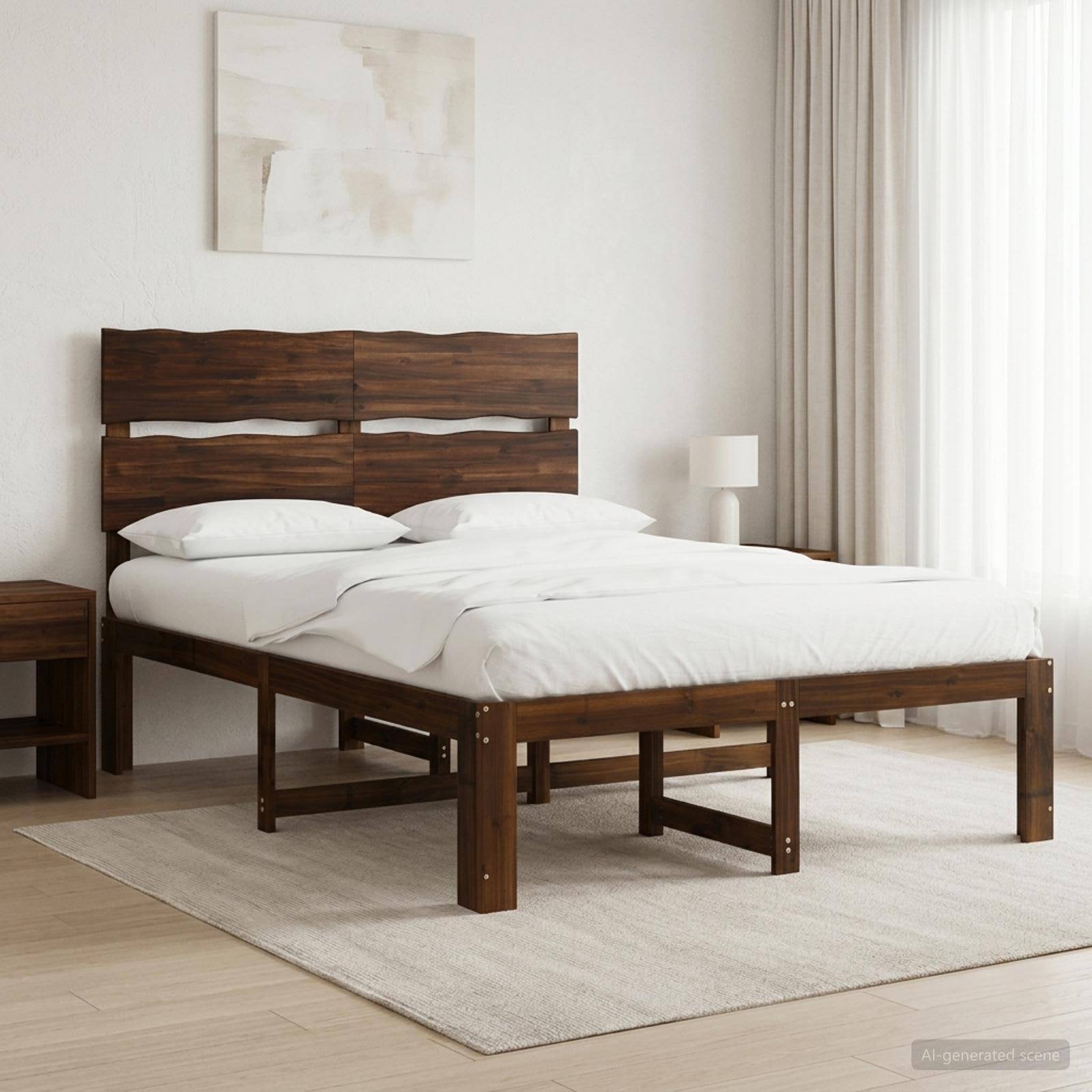 Minimales Schlafzimmer mit einem Holzbett, weißer Bettwäsche, Teppich, Nachttisch, Lampe und durchsichtigen Vorhängen neben einem hellen Fenster.