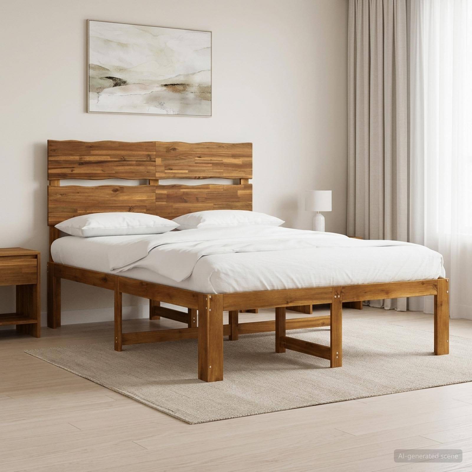 Minimales Schlafzimmer mit einem Holzbett, weißer Bettwäsche, Nachttisch, Lampe, Wandkunst und durchscheinenden Vorhängen auf einem neutralen Teppich.