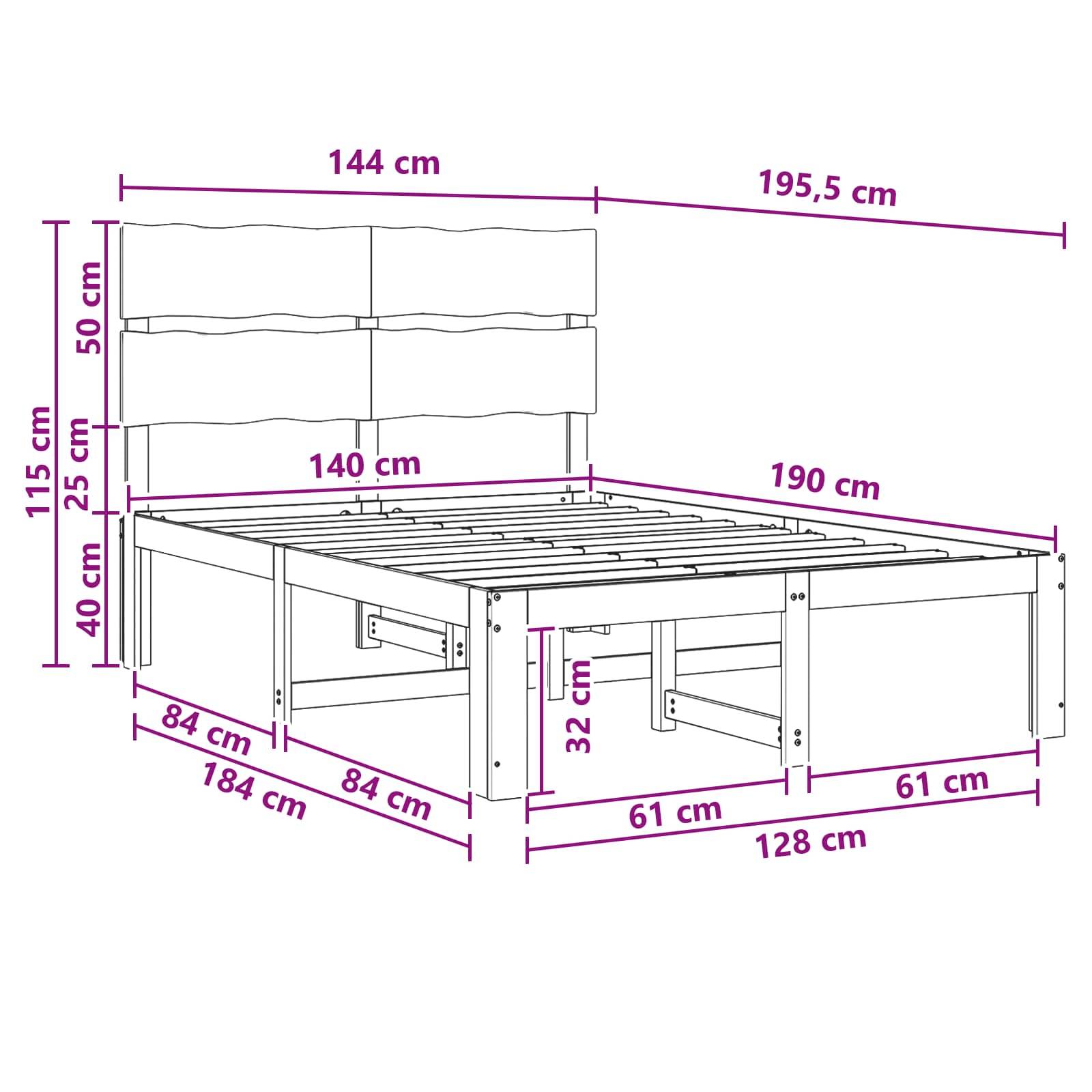 Dimensioniertes Schaubild eines Bettgestells mit Kopfteil, das die Gesamtgröße von 195,5 cm x 144 cm und die Matratzenflächengröße von 190 cm x 140 cm mit Höhenmaßen zeigt.