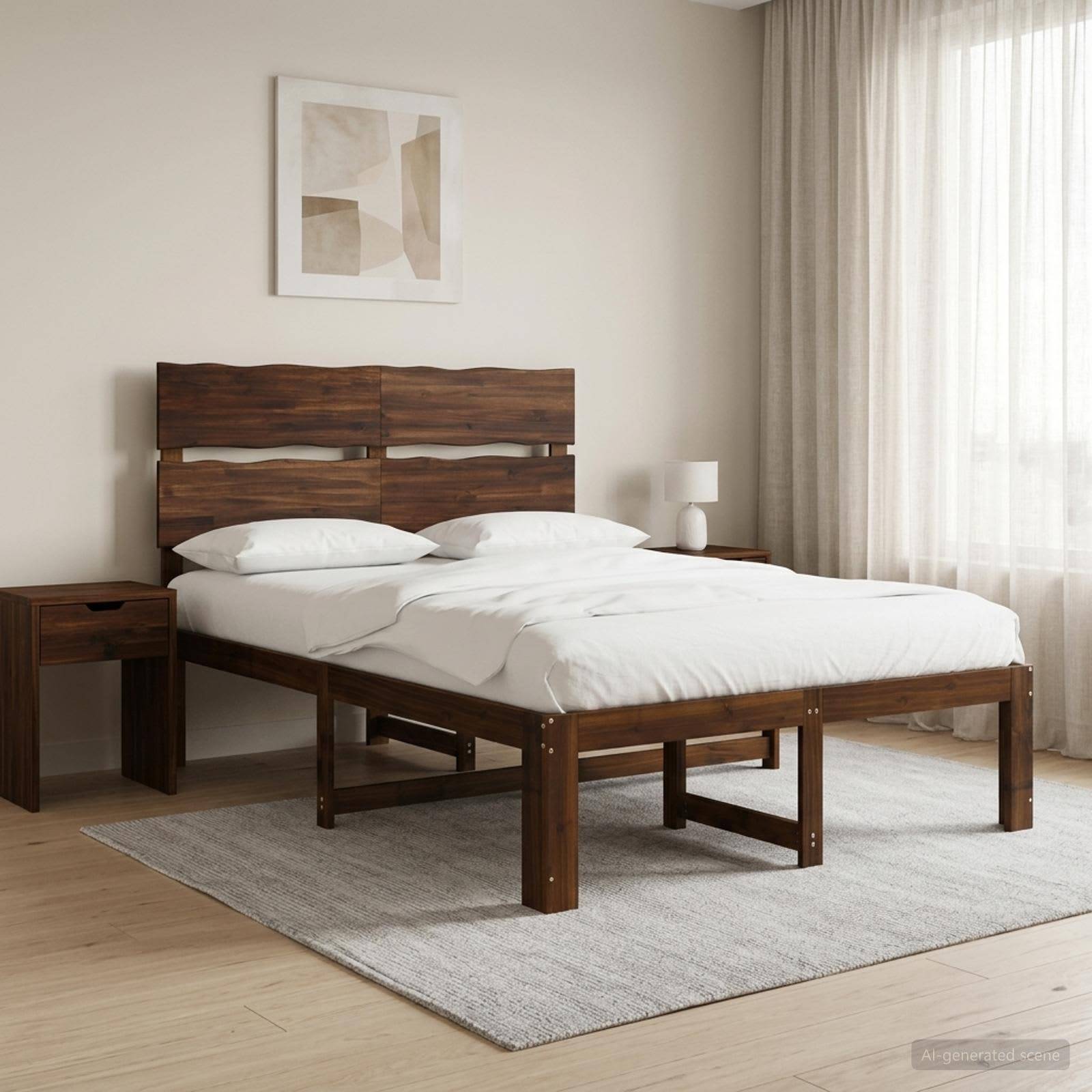 Minimales Schlafzimmer mit einem Holzbett, weißer Bettwäsche, einem Nachttisch, abstrakter Wandkunst und sanftem natürlichem Licht durch transparente Vorhänge.