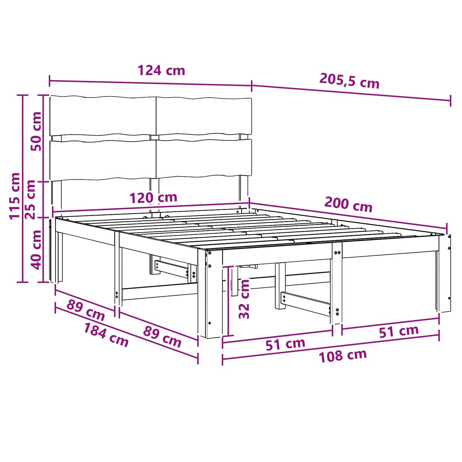 Maßstabgerechte Zeichnung eines Hochbetts mit Sofa darunter, die Gesamtgröße von 124 cm Breite, 205,5 cm Länge und 115 cm Höhe zeigt, sowie wichtige Komponentenmessungen.