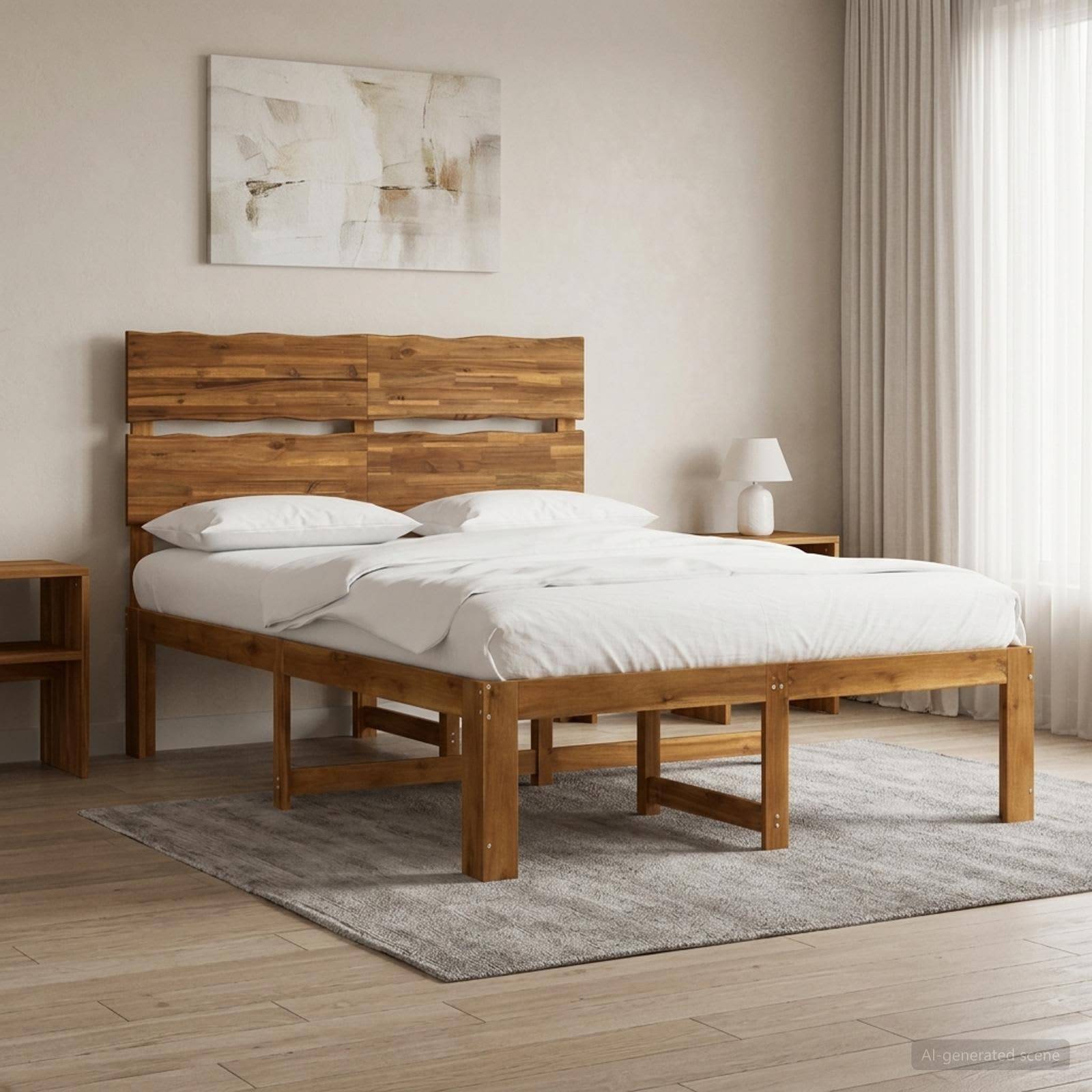 Minimales Schlafzimmer mit einem Holzbett, weißer Bettwäsche, Nachttischlampen, abstrakter Wandkunst und Vorhängen neben einem grauen Teppich.