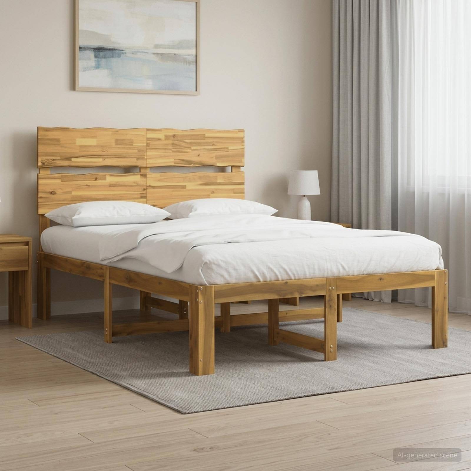 Ein ordentlich gemachtes Holzbett mit weißer Bettwäsche in einem hellen, minimalistischen Schlafzimmer neben einem Fenster, einer Lampe und gerahmter Wandkunst.