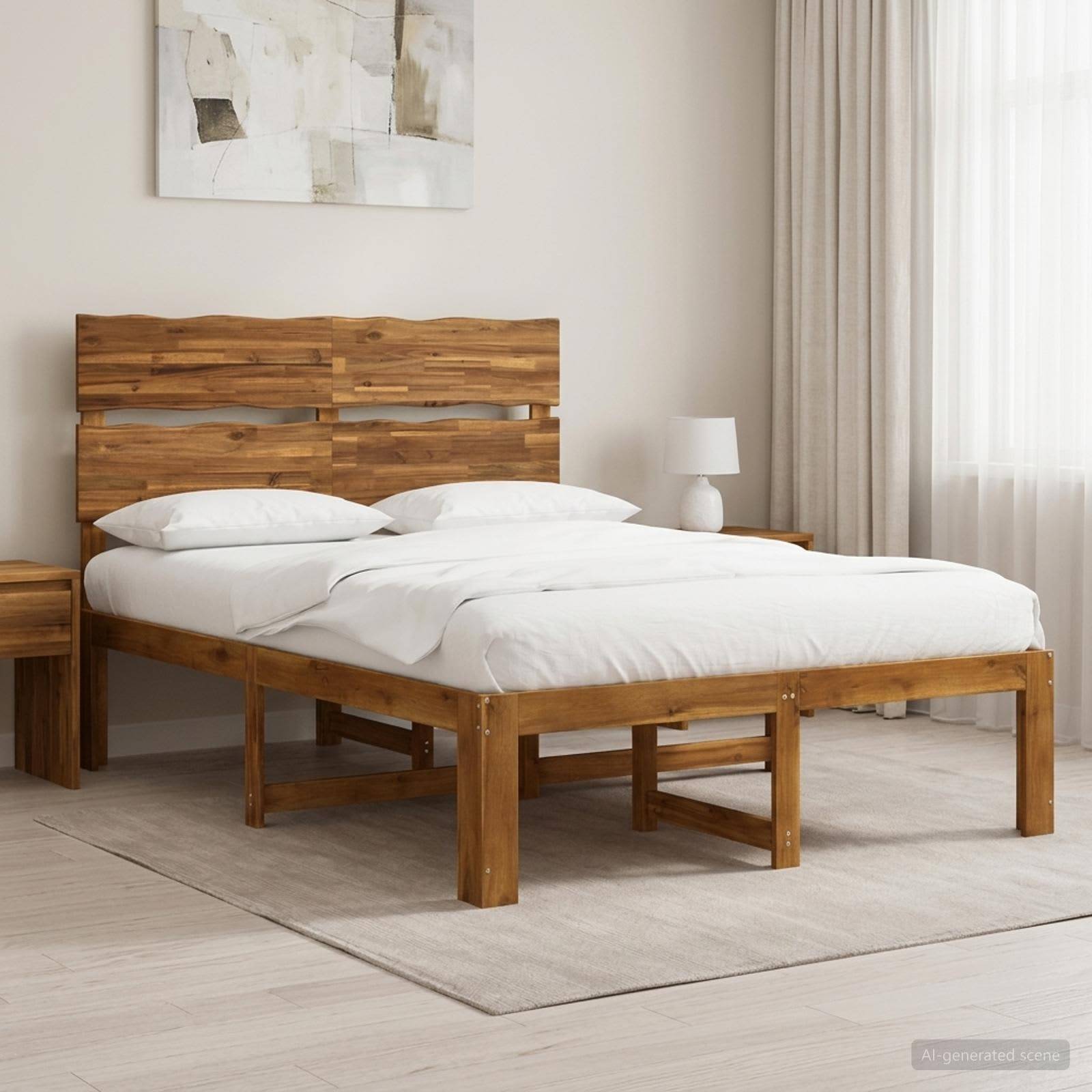 Holzbett mit Lamellenkopfteil, weiße Bettwäsche und eine weiße Lampe in einem hellen, minimalistischen Schlafzimmer.
