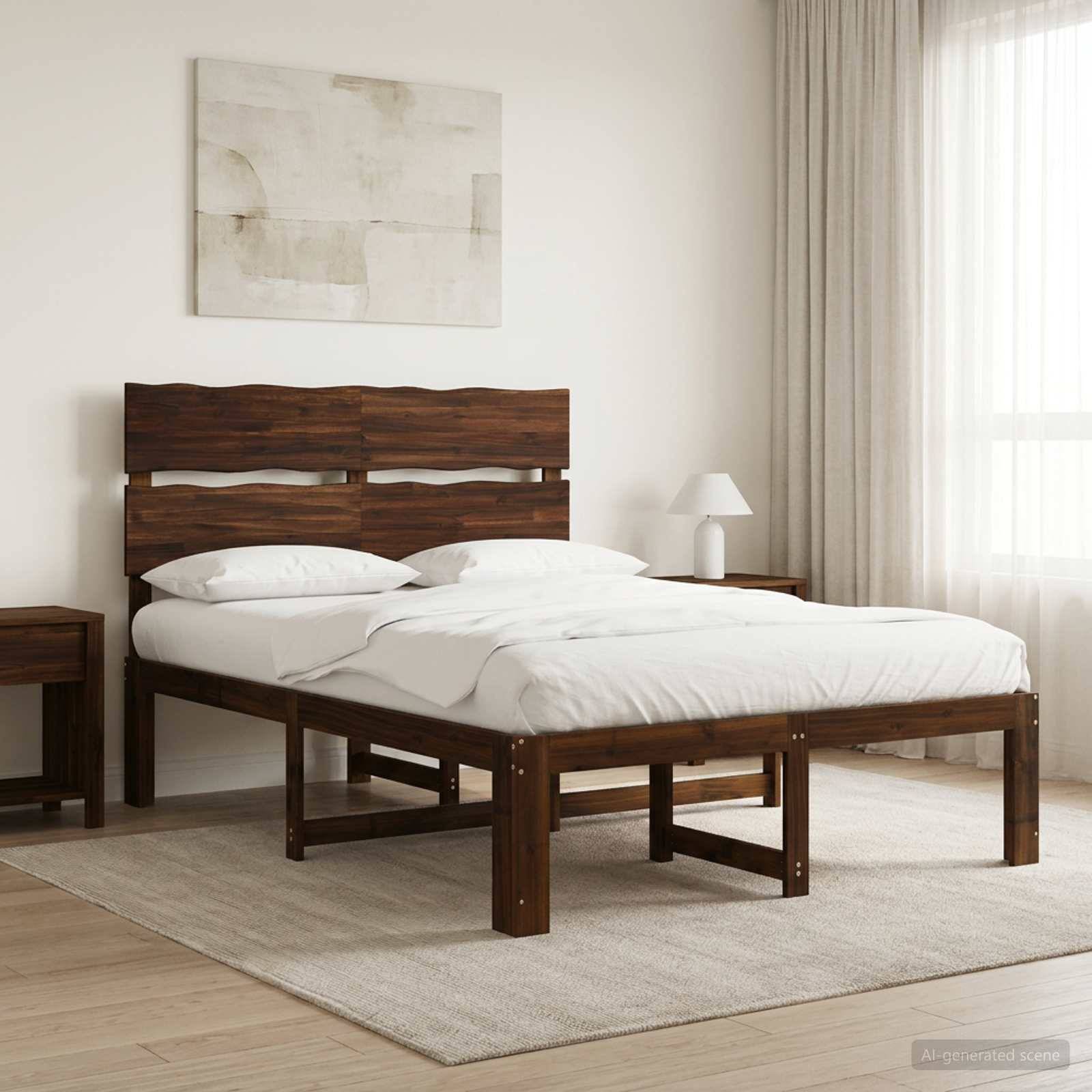 Modernes Schlafzimmer mit dunklem Holzbett, weißer Bettwäsche, Nachttischen, beigem Teppich, abstrakter Wandkunst und hohen Vorhängen an einem hellen Fenster.