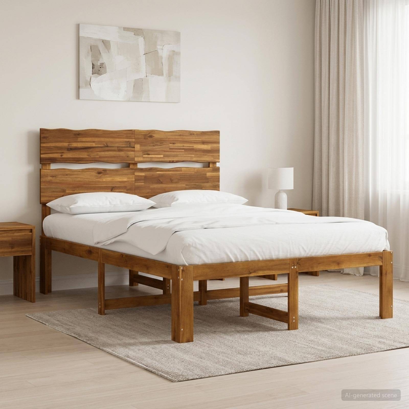 Modernes Schlafzimmer mit einem Holzbett, weißer Bettwäsche, Nachttischen, einer Lampe und einem Teppich neben einem sonnigen Fenster mit transparenten Vorhängen.