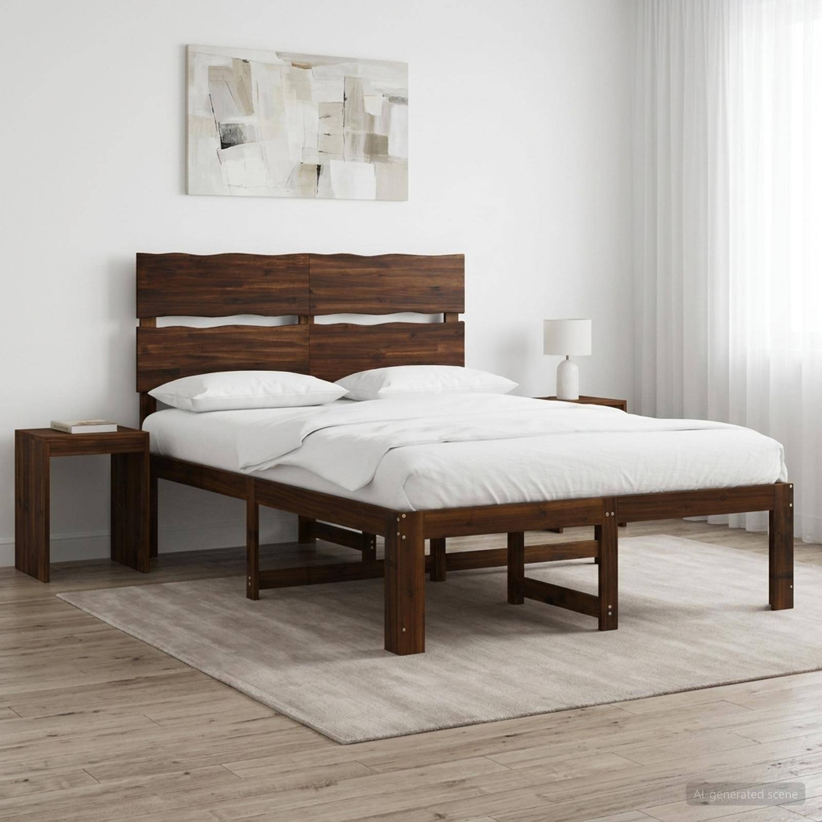 Minimalistisches Schlafzimmer mit einem dunklen Holzbett mit weißer Bettwäsche, passenden Nachttischen, einer Lampe, abstrakter Wandkunst und leichten Vorhängen.