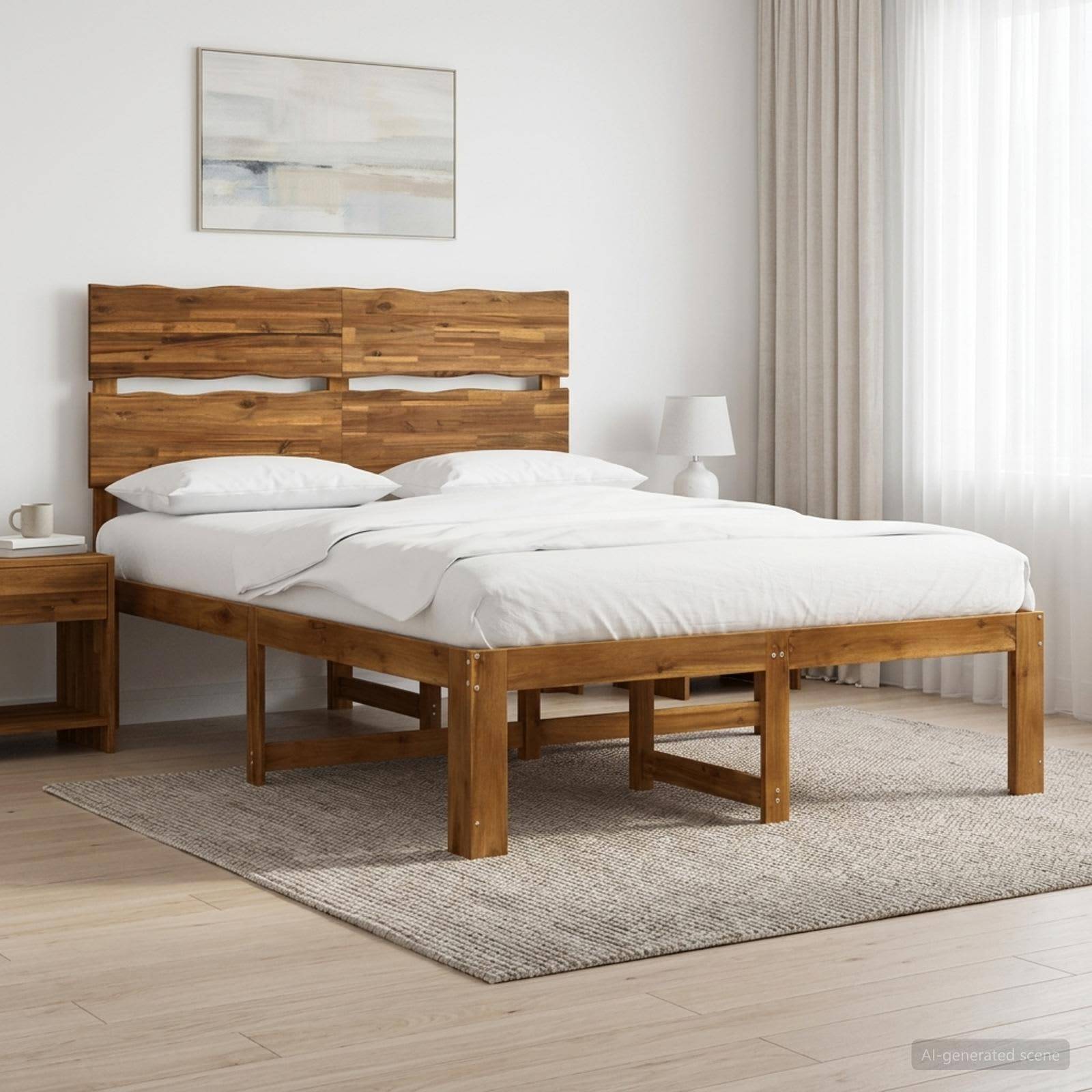 Holzbett mit weißer Bettwäsche in einem hellen, minimalistischen Schlafzimmer neben einem Nachttisch, einer Lampe, einem Teppich und durchscheinenden Vorhängen.