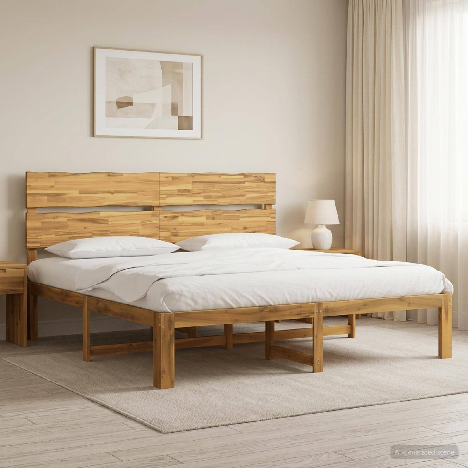 Modernes Schlafzimmer mit Holzbett, weißer Bettwäsche, Nachttischlampe, gerahmter Wandkunst und durchsichtigen Gardinen in einem neutralen minimalistischen Interieur.