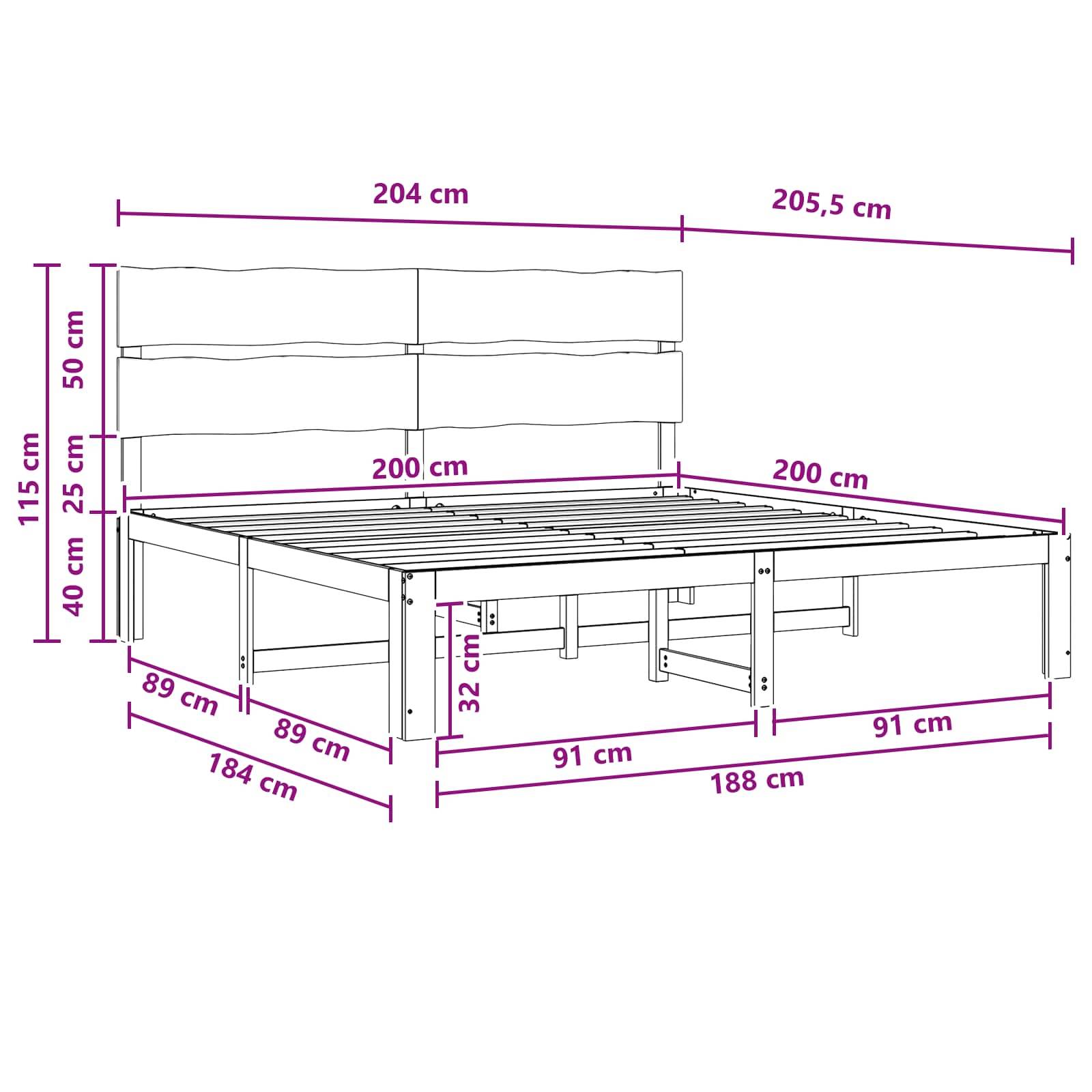 Kommentiertes Diagramm eines Bettgestells mit Kopfteil und Unter-Bett-Stauraum, das die Gesamtabmessungen in Zentimetern zeigt, einschließlich 204 cm Länge, 205,5 cm Breite und 115 cm Kopfteilhöhe.