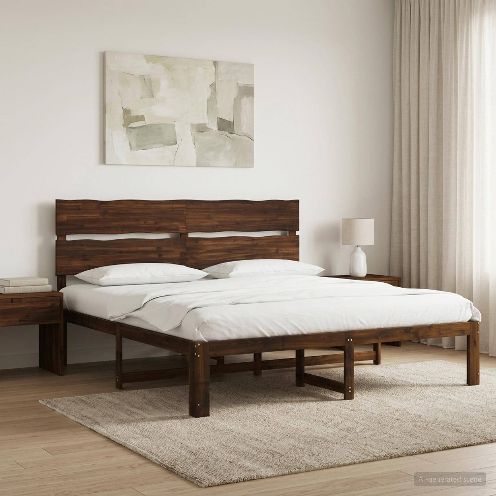 Ein modernes Schlafzimmer mit einem Holzbett, weißer Bettwäsche, Nachttischen, einer Lampe, Wandkunst und beigen Vorhängen.