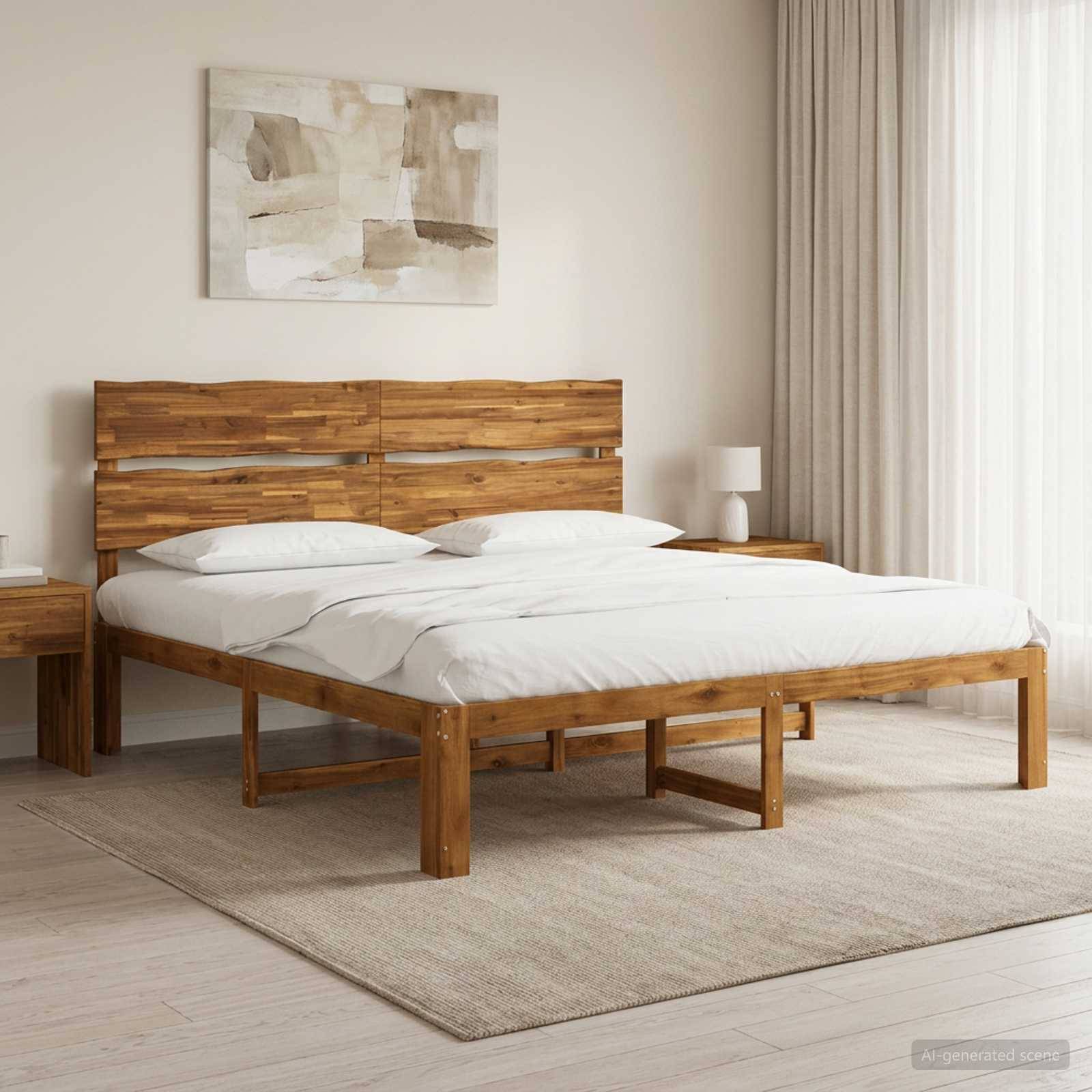 Minimalistisches Schlafzimmer mit einem Holzbett, weißer Bettwäsche, Nachttischen, abstrakter Wandkunst und weichen Vorhängen in einem hellen, neutralen Raum.