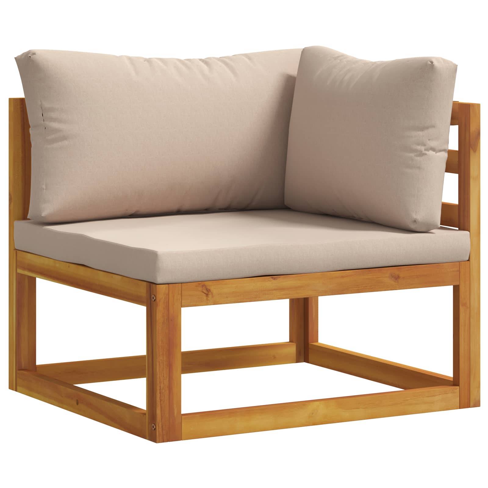 Beige gepolstertes Holzsofa mit zwei Rückenkissen auf einem einfachen offenen Rahmen.