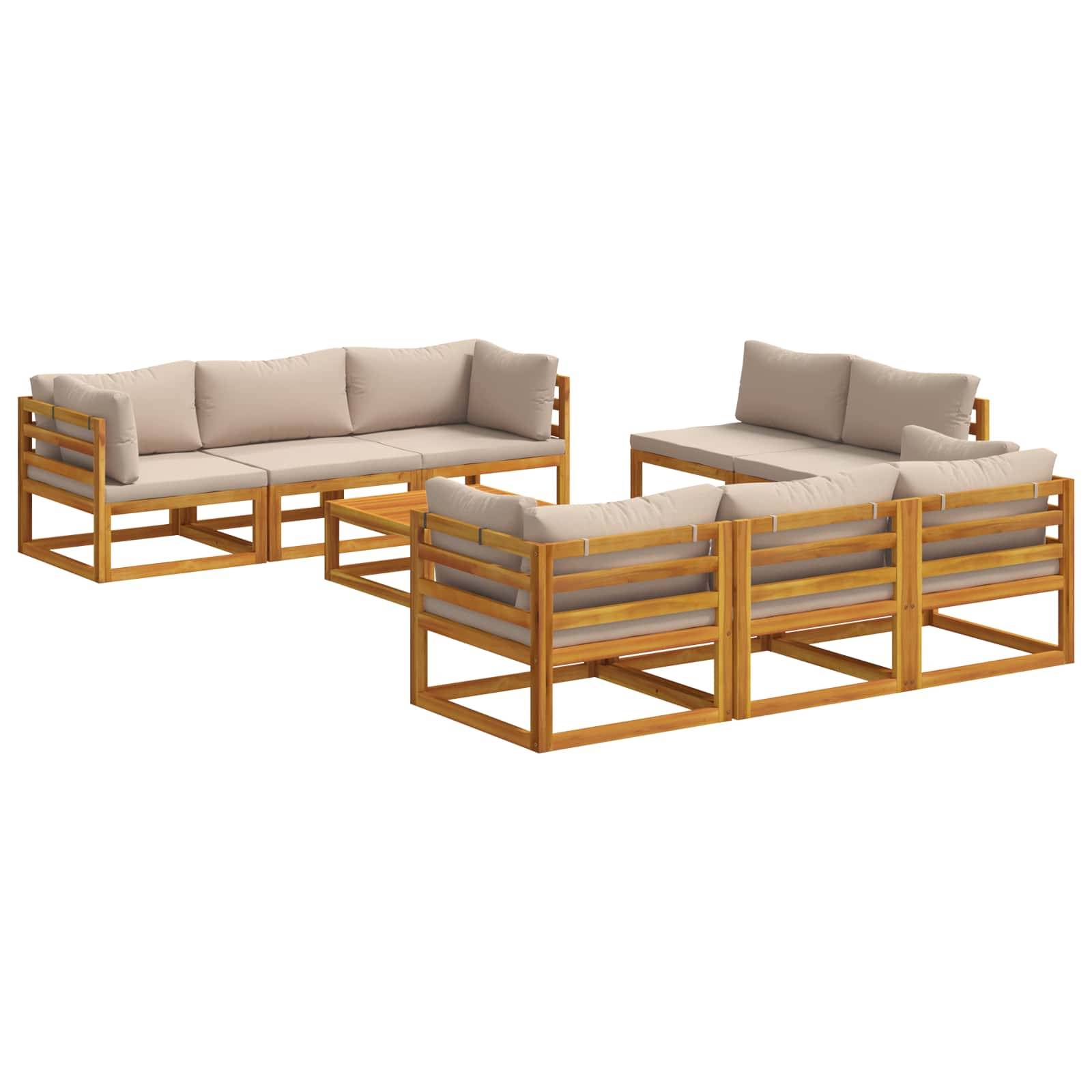 Zwei Außen-Holz-Ecksofa mit beige Kissen in einer L-Form auf weißem Hintergrund angeordnet.