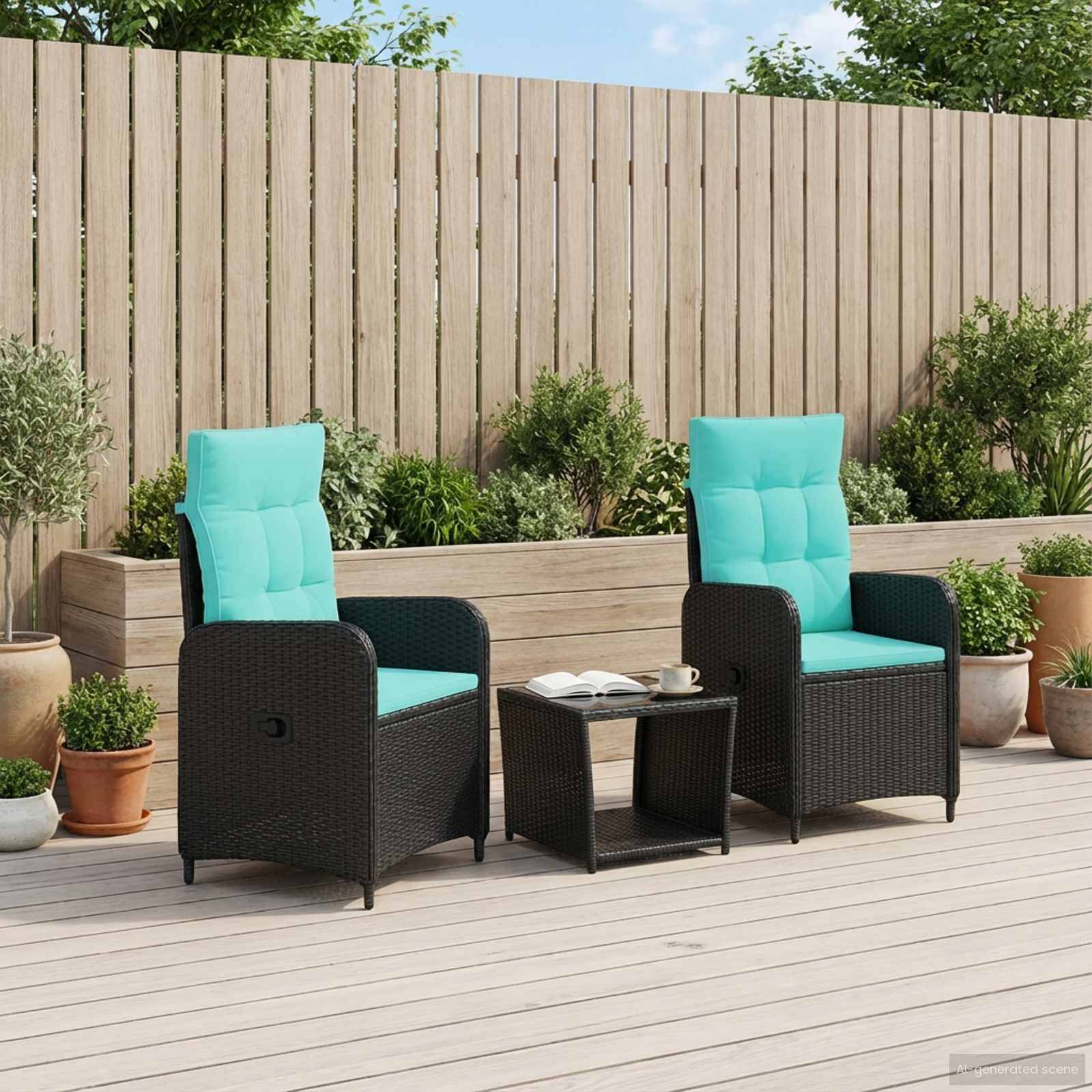 Zwei türkisfarbene gepolsterte Terrassenstühle mit einem kleinen Beistelltisch auf einer Holzterrasse, vor einem Zaun und Gartenpflanzen aufgestellt.