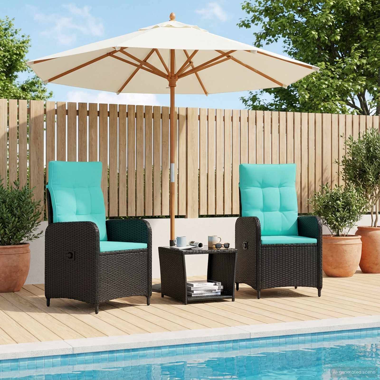 Zwei türkisfarbene gepolsterte Liegestühle mit einem kleinen Tisch und Sonnenschirm auf einem Holzpooldeck, umgeben von einem Zaun und Topfpflanzen.