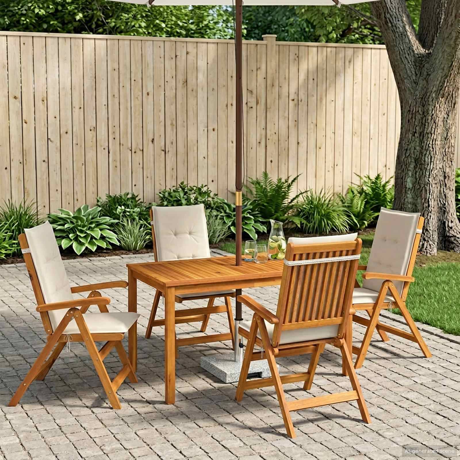 Esszimmer-Set für die Terrasse im Freien mit Holztisch, vier gepolsterten Stühlen und Sonnenschirm auf einer gepflasterten Hinterhofsterne neben einem Zaun und einem Garten.