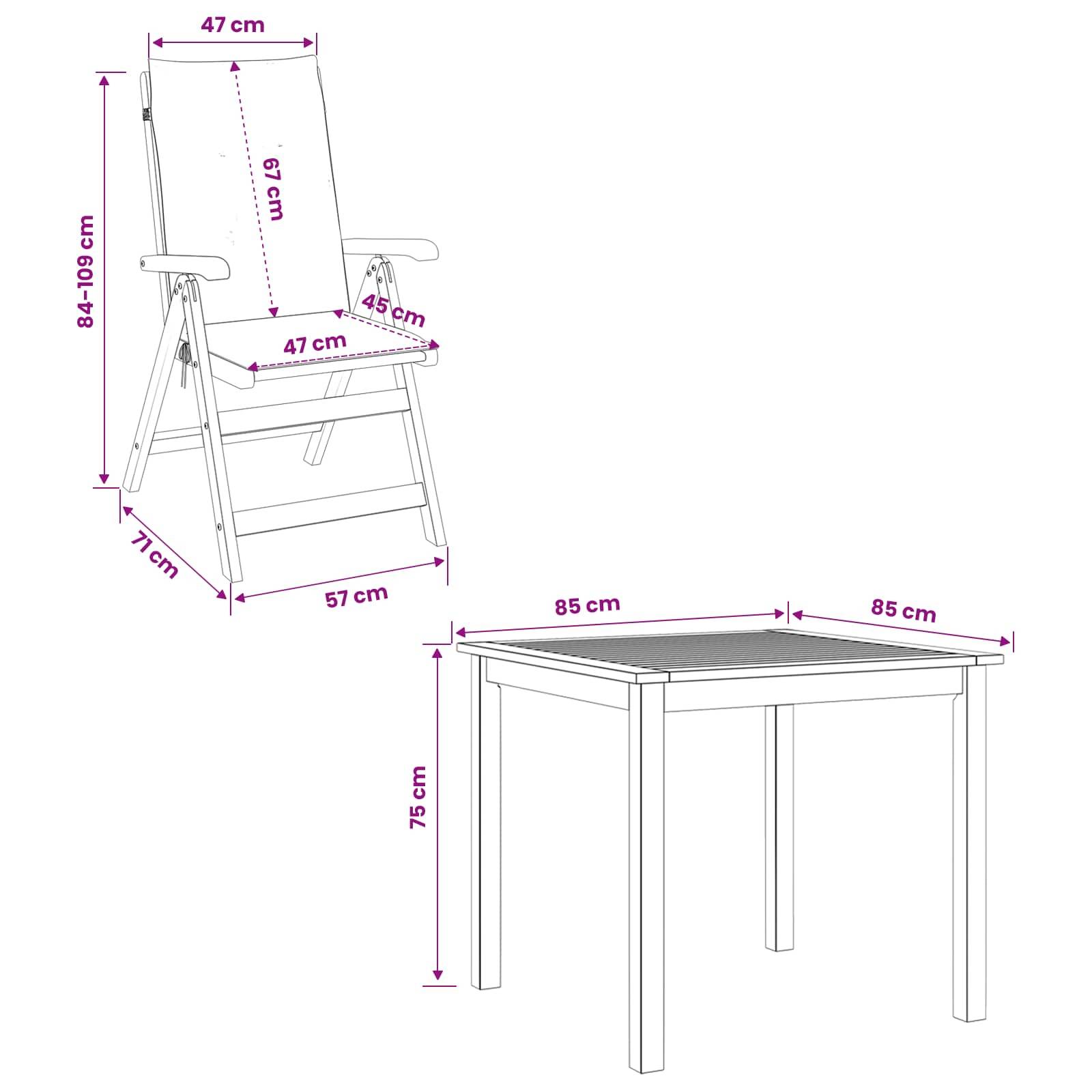 Maßstabsgerechte Strichzeichnungen eines Klappstuhl und eines quadratischen Tisches mit folgenden Angaben: Stuhlhöhe 84-109 cm, Sitzfläche 47 cm, Tiefe 71 cm, und Tisch 85 x 85 x 75 cm.