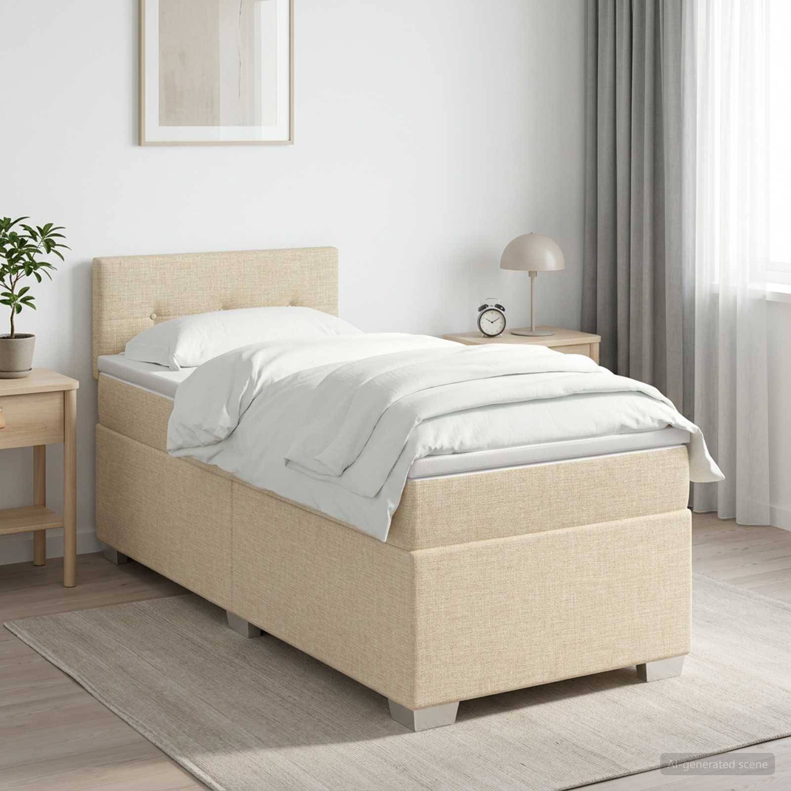 Beige gepolstertes Einzelbett mit weißer Bettwäsche in einem hellen, minimalistischen Schlafzimmer neben einem Nachttisch, einer Lampe und einem Fenster.