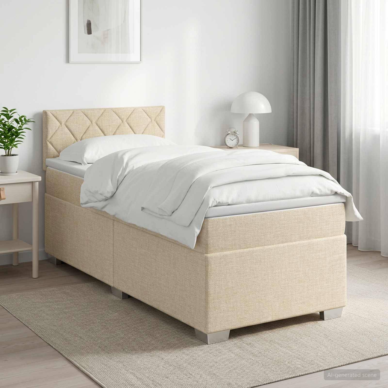 Beiges gepolstertes Einzelbett mit weißer Bettwäsche in einem hellen, minimalistischen Schlafzimmer, neben einem Nachttisch und einer Lampe.