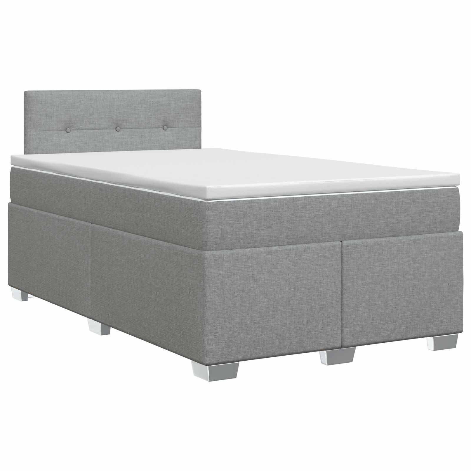 Grau gepolstertes Einzelbett mit Kopfteil und weiße Matratze auf weißem Hintergrund.