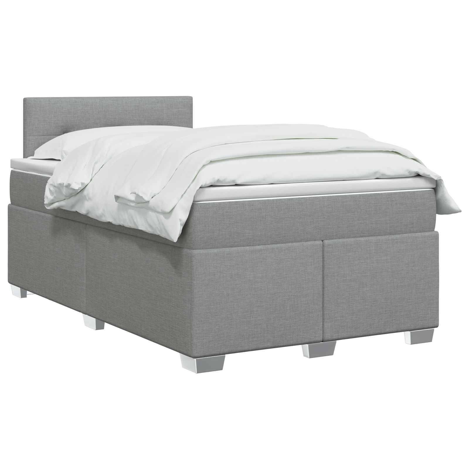 Grau gepolstertes Einzelbett mit weißer Bettwäsche, gezeigt auf einem einfachen weißen Hintergrund.