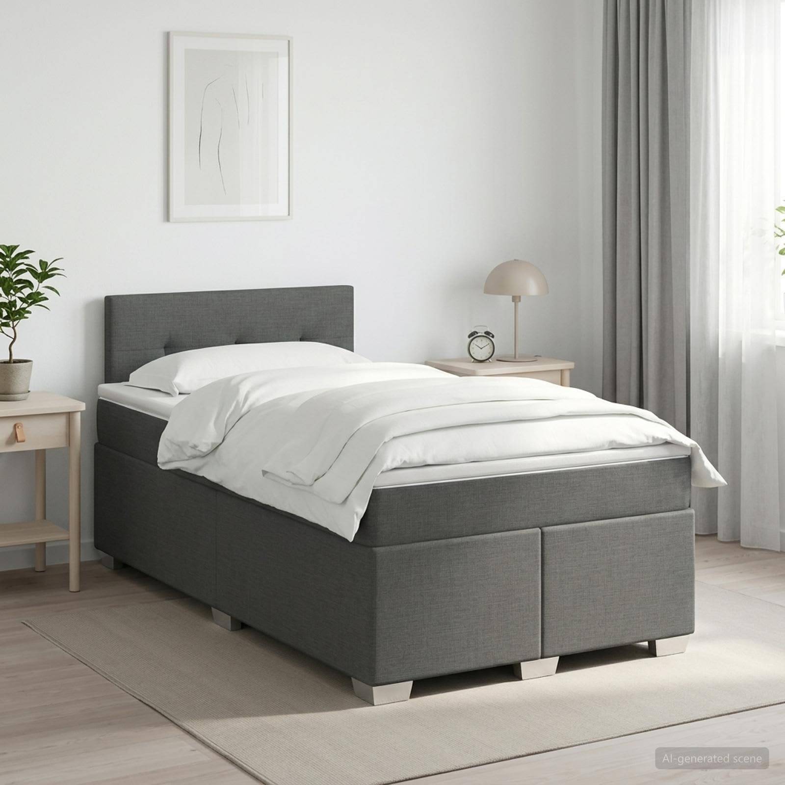 Modernes grau gepolstertes Bett mit weißer Bettwäsche in einem hellen minimalistischen Schlafzimmer, flankiert von kleinen Nachttischen und Vorhängen.