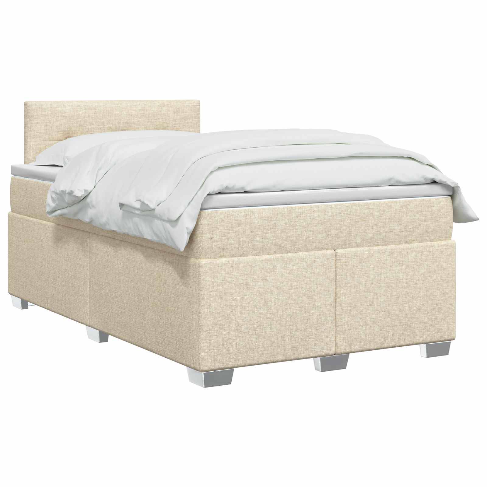 Beige gepolstertes Einzelbett mit weißer Bettwäsche auf einfachem weißem Hintergrund.