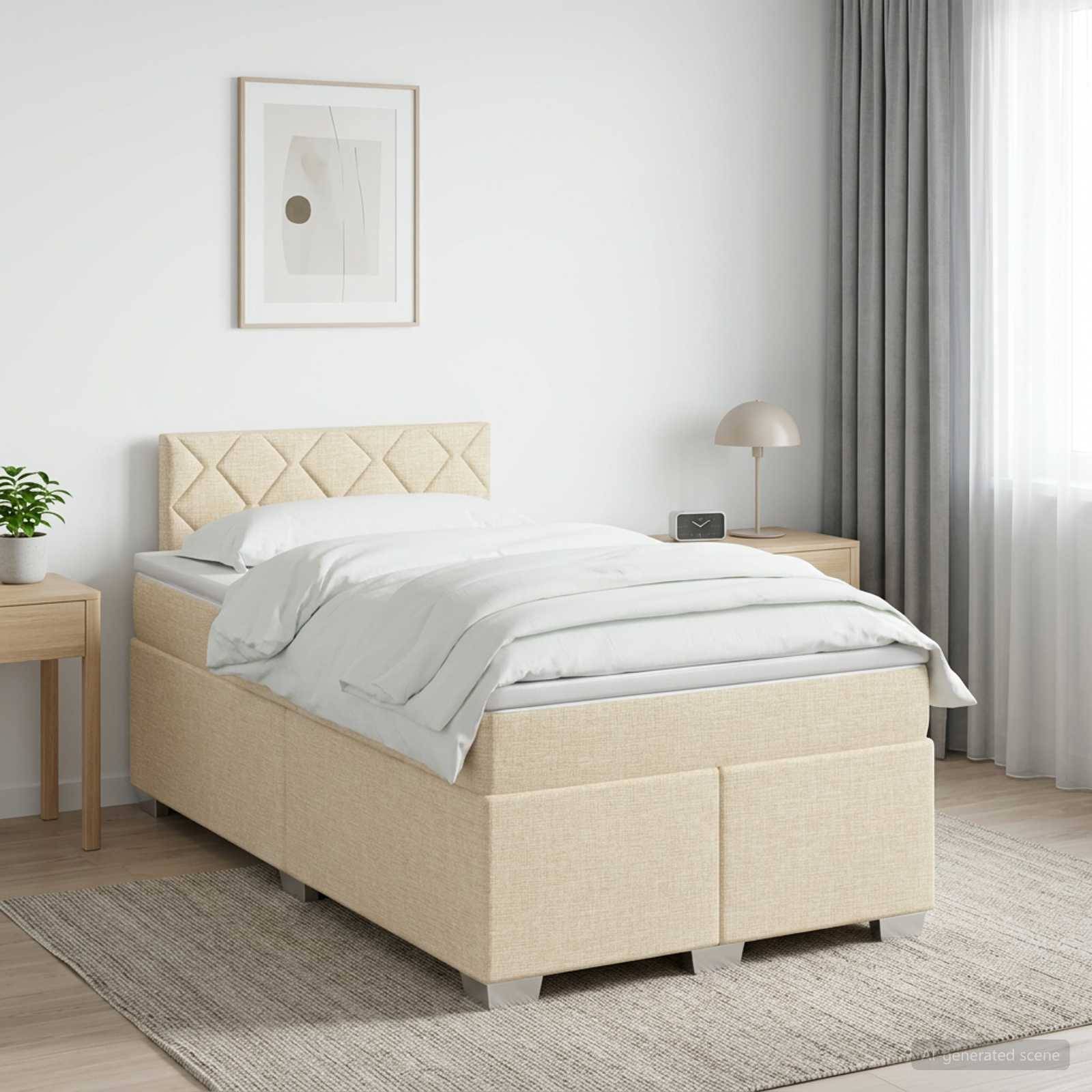Ein ordentlich gemachtes beiges Polsterbett in einem hellen, minimalistischen Schlafzimmer mit Nachttischen, Lampe, gerahmter Kunst und Vorhängen.