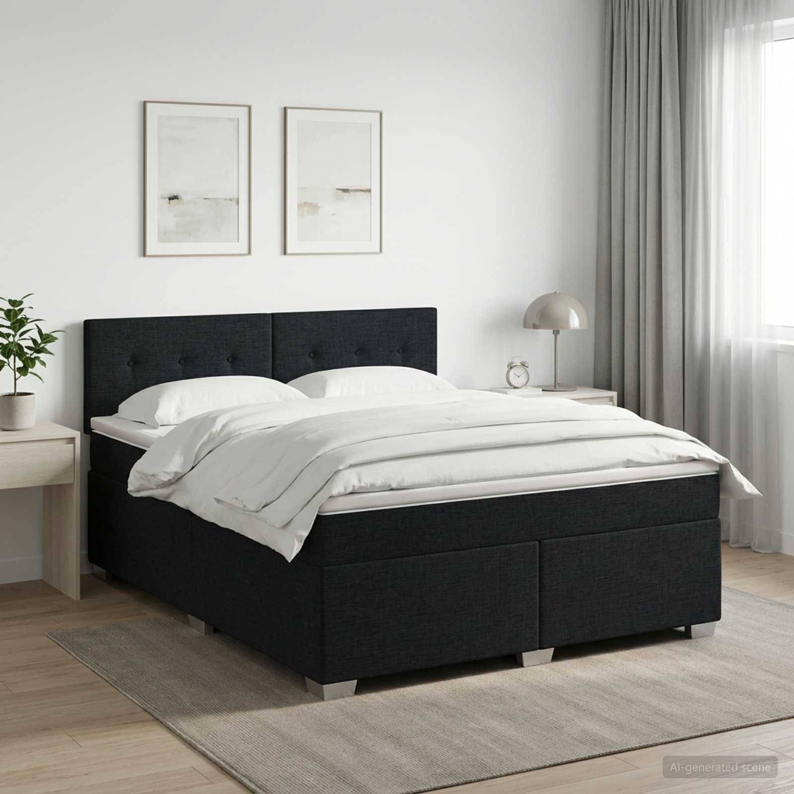 Modernes Schlafzimmer mit einem schwarz gepolsterten Bett, weißer Bettwäsche, Nachttisch, Lampe, gerahmten Wandbildern und durchscheinenden Vorhängen neben einem hellen Fenster.