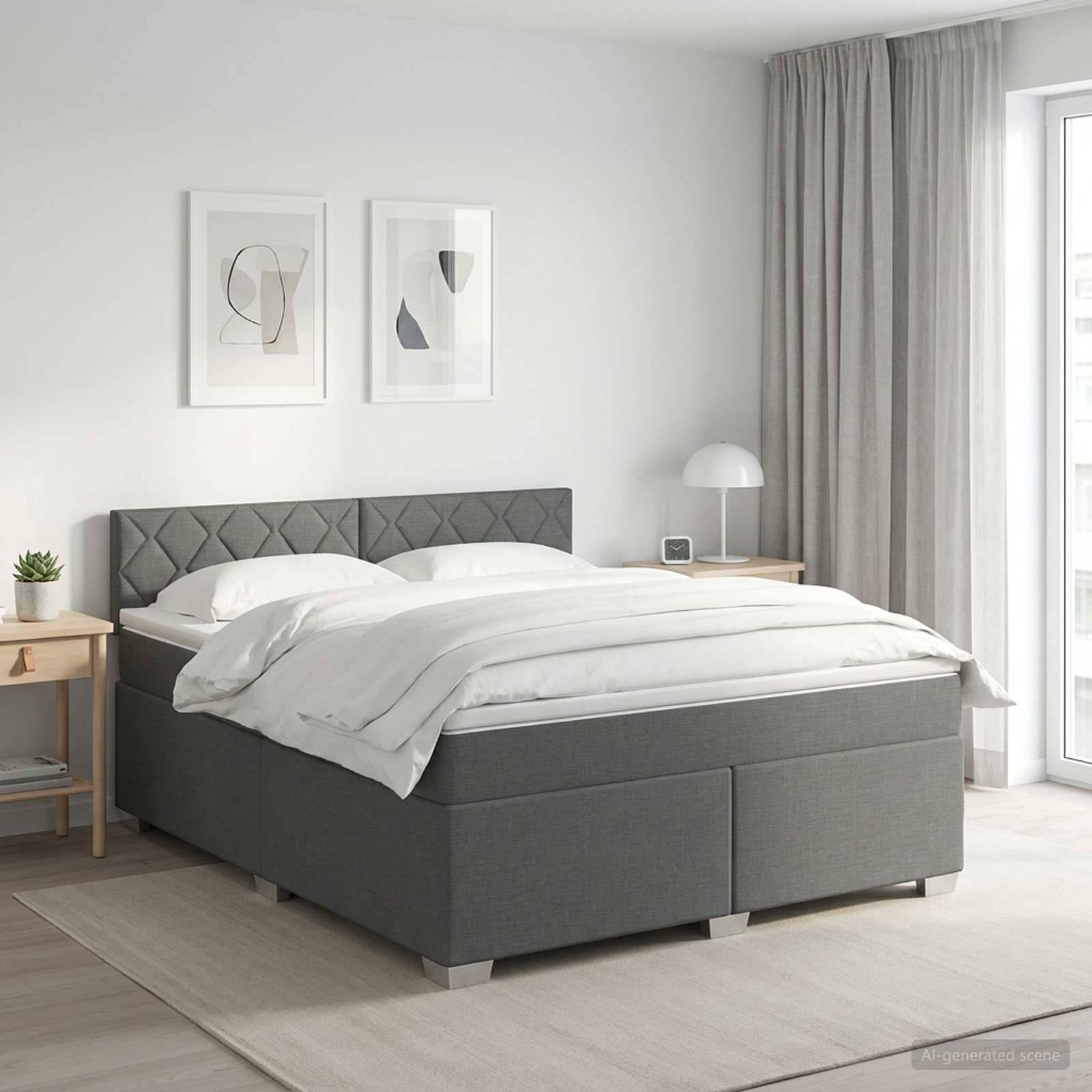 Modernes grau gepolstertes Bett mit weißer Bettwäsche in einem hellen minimalistischen Schlafzimmer, mit Nachttischen, Lampe, gerahmter Kunst und Vorhängen.