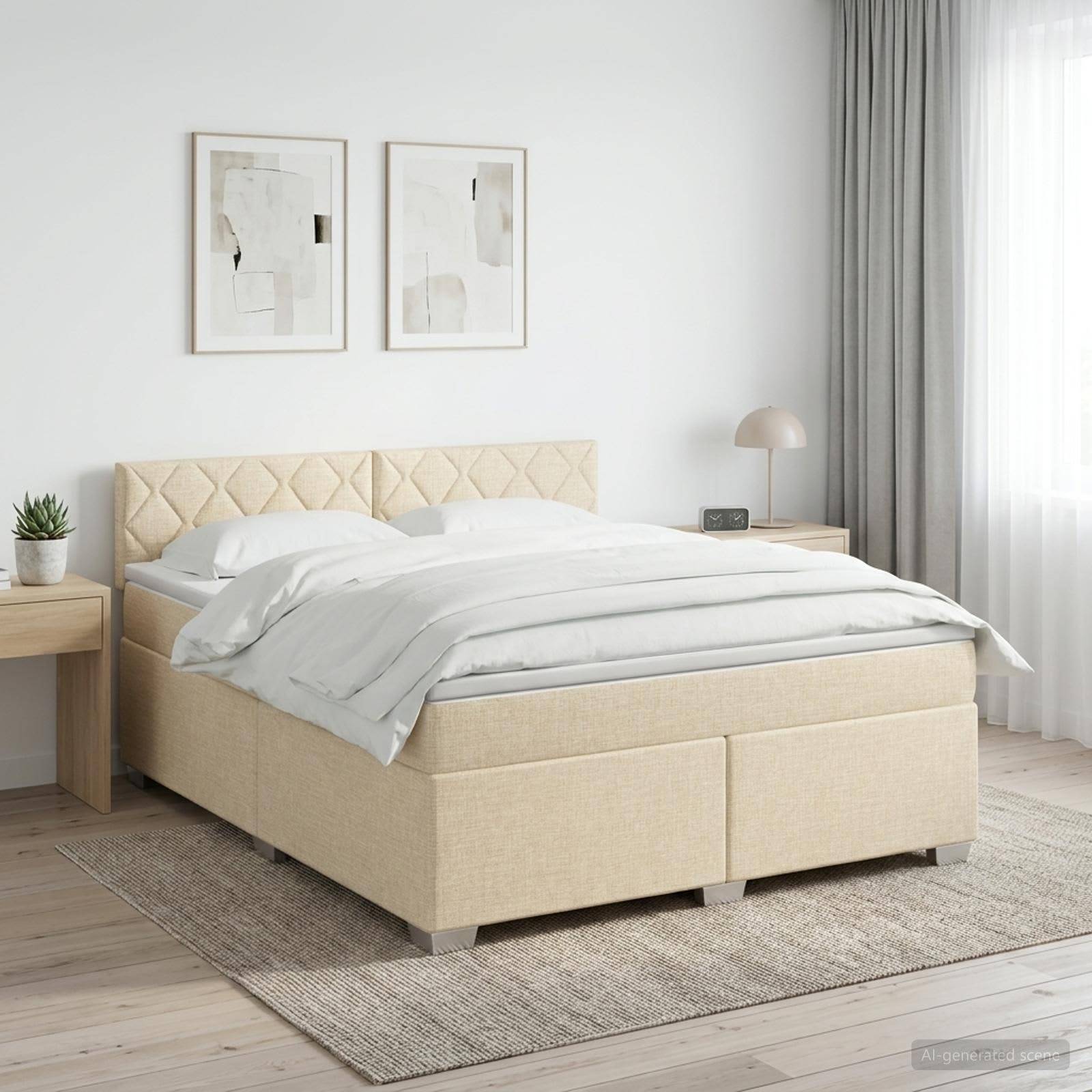 Modernes beiges Polsterbett mit weißer Bettwäsche in einem hellen minimalistischen Schlafzimmer, flankiert von Nachttischen, Lampe, Pflanze und gerahmter Wandkunst.