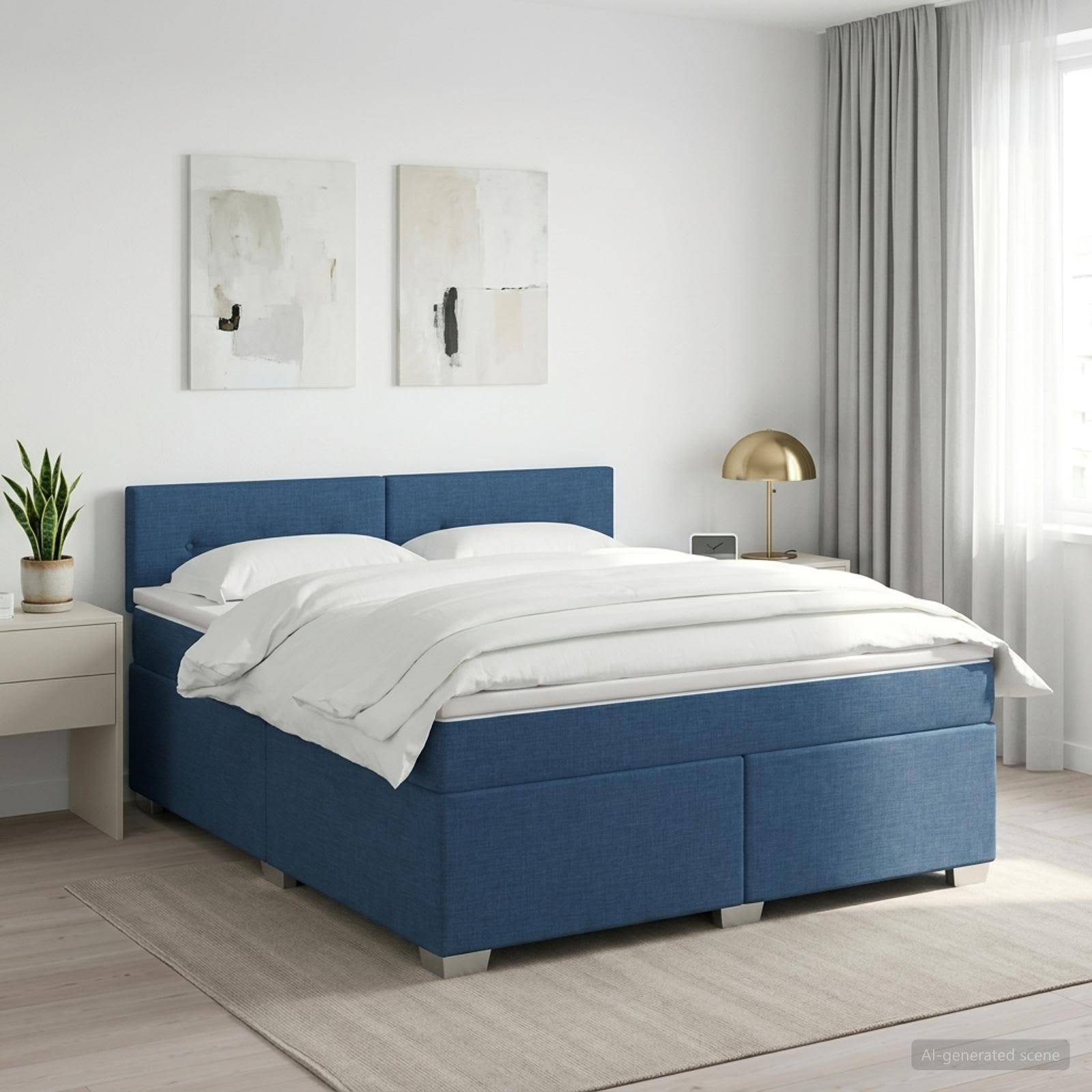 Modernes Schlafzimmer mit einem blau gepolsterten Bett, das mit weißer Bettwäsche bezogen ist, neben einem Nachttisch, einer Lampe, einer Pflanze und Wandkunst in der Nähe eines Fensters mit Vorhängen.