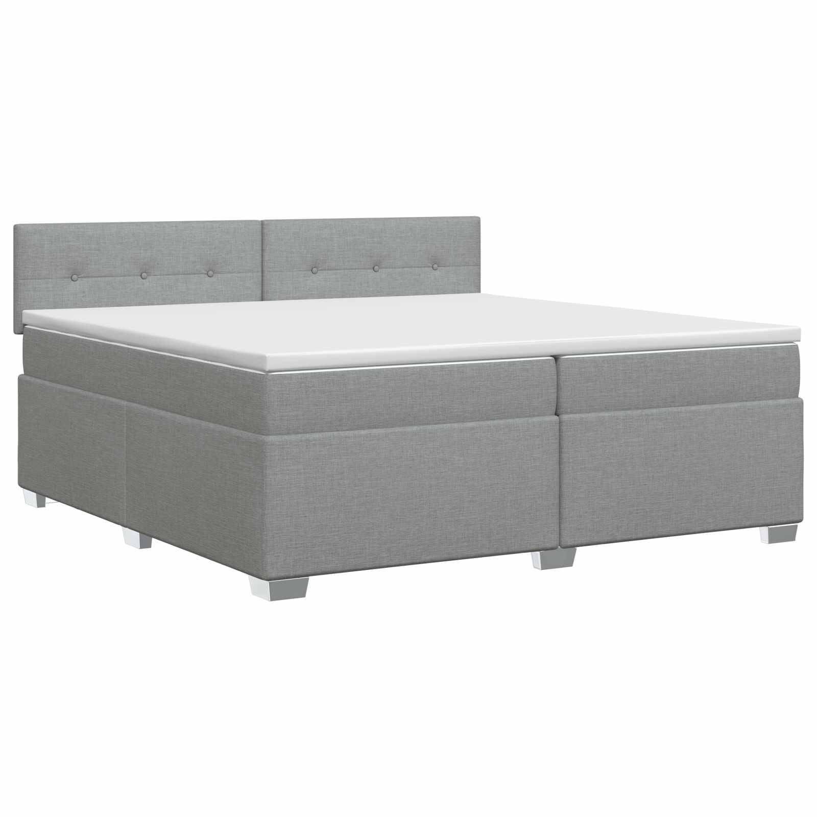 Grauer Polsterbettrahmen mit Kopfteil und Matratze auf weißem Hintergrund